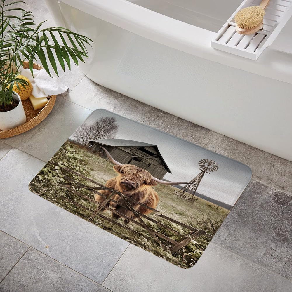 YOZSLGU Highland Cow Bath Mat Rustic Farmhouse Animals Funny Cute Cattle Bull Vintage Windmill Western Country Memory Foam Bathroom Rug Kitchen Rug,