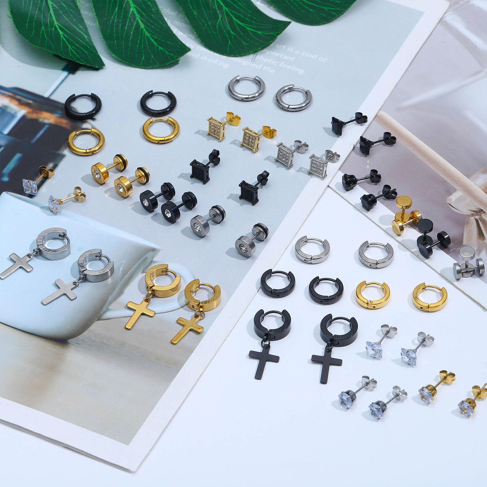NEWITIN 24 Pairs Stainless Steel Earrings for Men Hypoallergenic Inlaid Cubic Zirconia Studs Hoop Earring Cross Dangle Earrings Unisex Punk Stud Earring for Women Men
