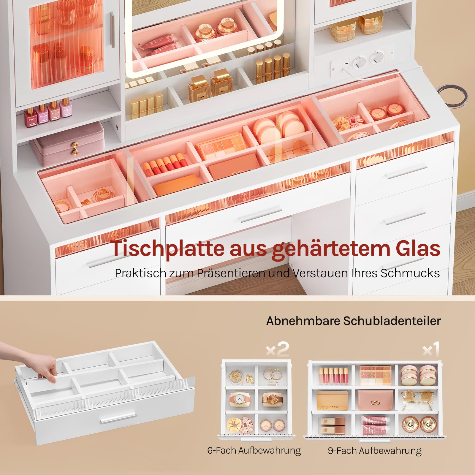 WOLTU Schminktisch mit RGB- und LED-Beleuchtung, großer Schminktisch mit transparenter Glasplatte, 9 unterteilten Fächern, Steckdose, 9 Schubladen, Spiegel, 2 Schränken, für Schlafzimmer, Weiß