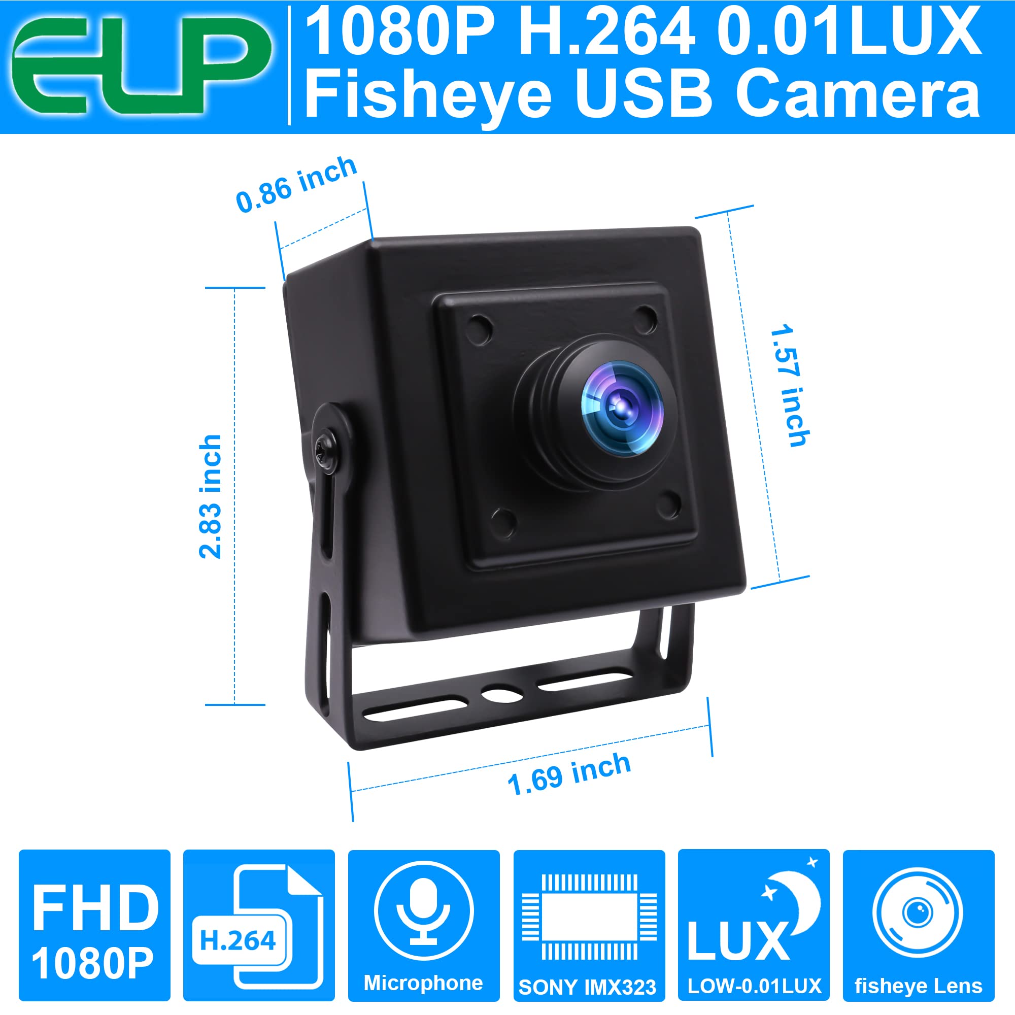 ELP Sony IMX323 - Mini cámara USB gran angular con lente ojo de pez de 180 grados HD 1080P 0.01Lux cámara de PC con poca luz UVC H.264 USB 2.0 cámara web integrada para computadora, portátil