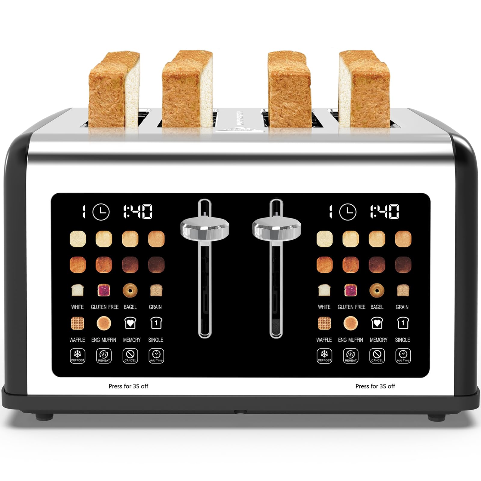 4 Slice Toaster Touch Screen, Stainless Steel Toasters Digital Timer, Dual Control Panel Toasters, 8 Shade Settings 6 Bread Types for Bagel, Cancel, Defrost 1650W Black