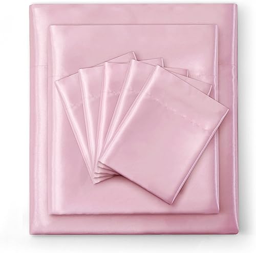 Miniatura 6 de Manyshofu Juego de sábanas de satén de color rosa claro, 7 piezas, tamaño King, juego de sábanas de satén sedoso lujoso y suave, 1 sábana bajera de