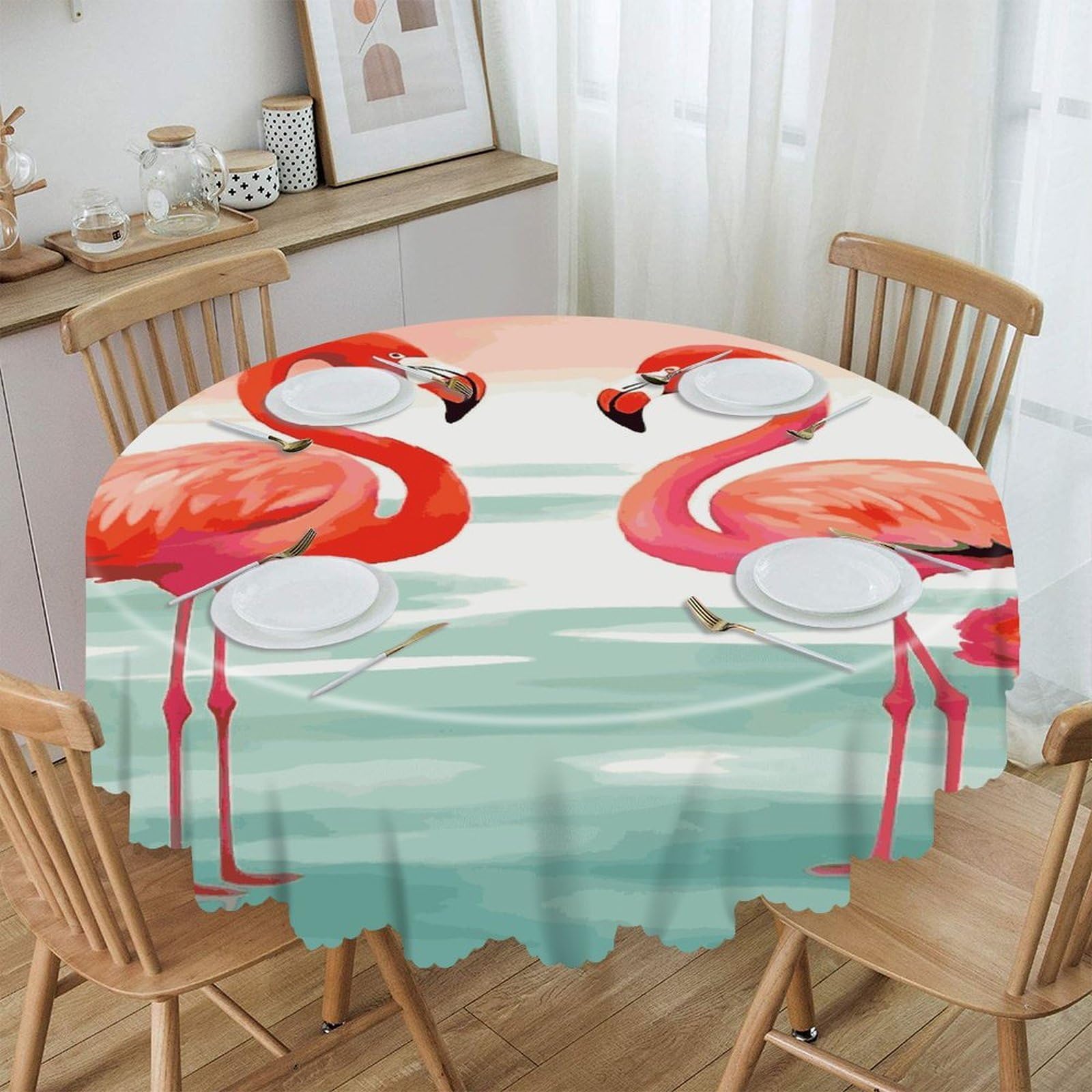 VstaDank Two Red Flamingos Round Tablecloth 60 Inch Easy to Clean Circle Table Cover Thick Decorative Round Polyester Table Cloth for Dining Kitchen Party Farmhouse Outdoor