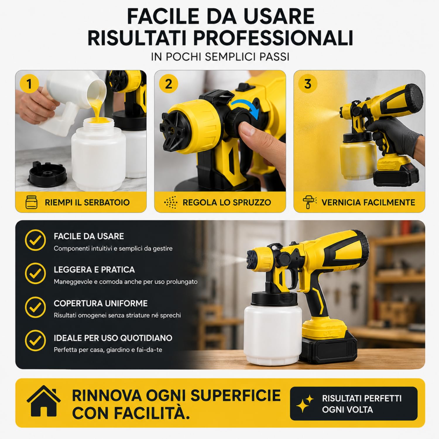 Pistola a Spruzzo Elettrica HVLP 800W, 800ML con 2 Batterie 48V, 3 Getti e Ugello Regolabile, Grilletto Bloccabile, per Pareti, Mobili, Recinzioni, Soffitti e Insetticidi