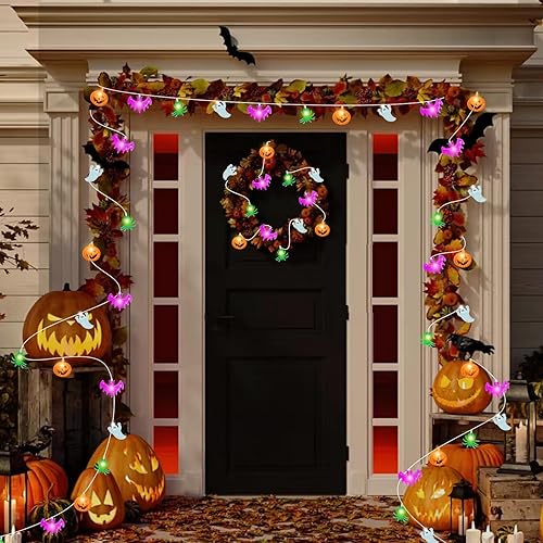 Miniatura 10 de Guirnalda de luces de calabaza de Halloween, 20 luces LED de calabaza de 10 pies, funciona con pilas, 2 modos de luces naranjas Jack-O-Lantern