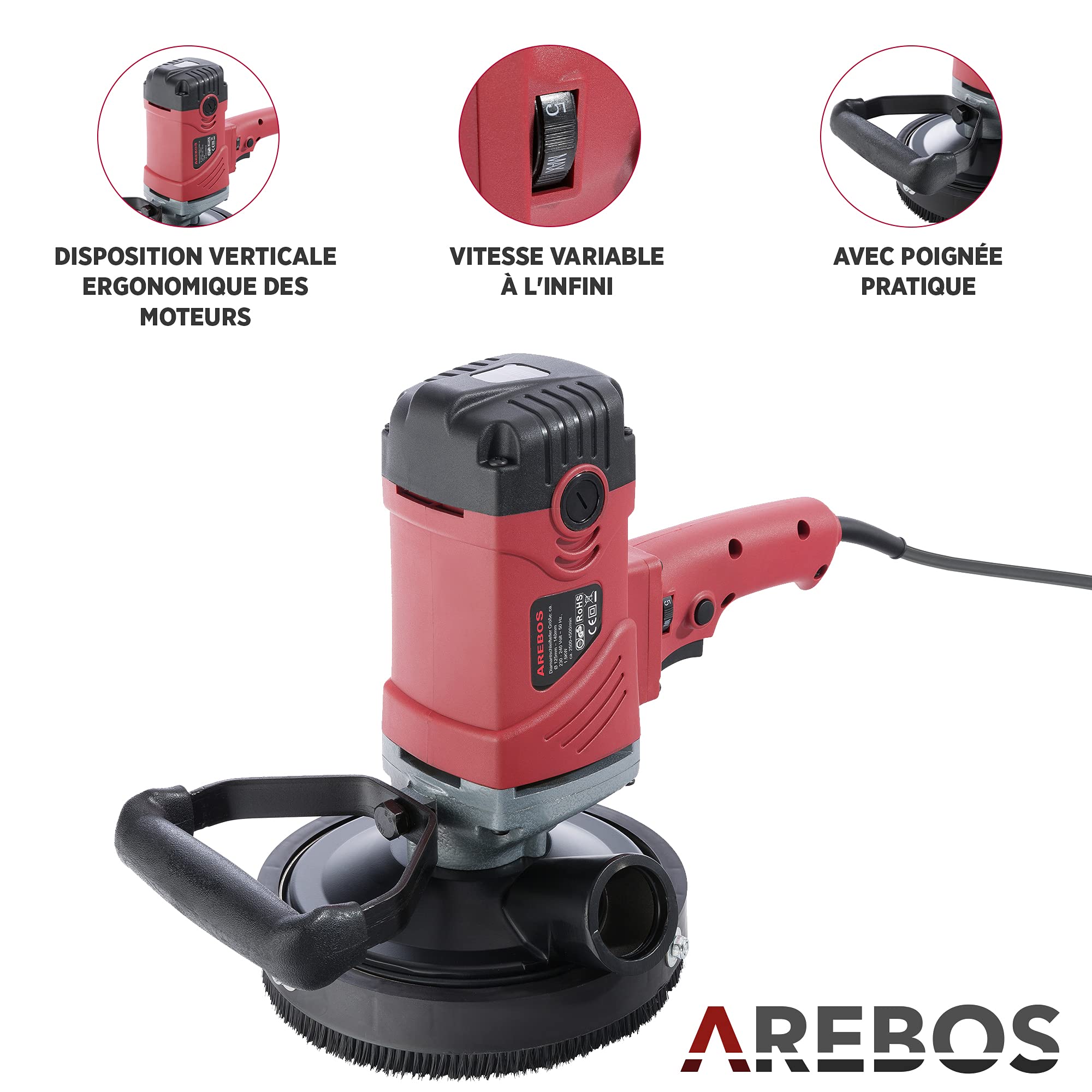 Image secondaire de Arebos Ponceuse à Beton Rabot | fraiseuse a Beton | 1500 W | avec les Accessoires | réglable en hauteur