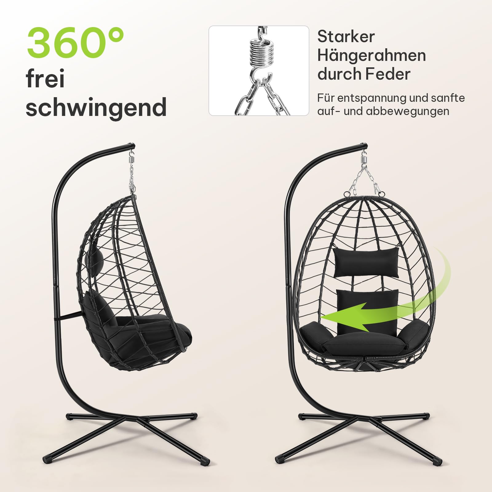 Laneetal Hängesessell mit Gestell Outdoor und Indoor, 150 kg Tragfähigkeit, PE-Rattan, Metallgestell, für Garten, Balkon, Terrasse, Wohnzimmer, 102 x 196 x 100 cm, Anthrazit
