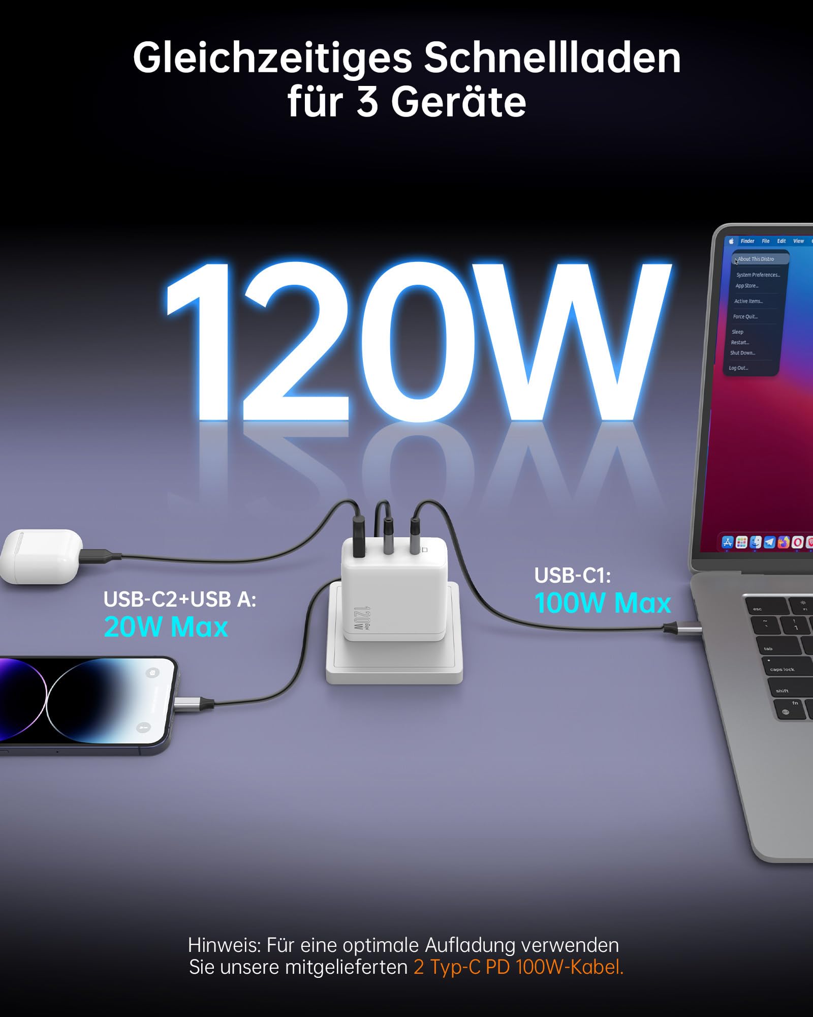 VOLTME 100 W USB C-oplader, 3-poorts GaN snellader, voeding, PD 3.0, meervoudige compacte oplader, compatibel met iPhone 16 Pro Max, MacBook Air, iPad, Samsung S24 Ultra, Huawei Xiaomi DJI enz., zwart