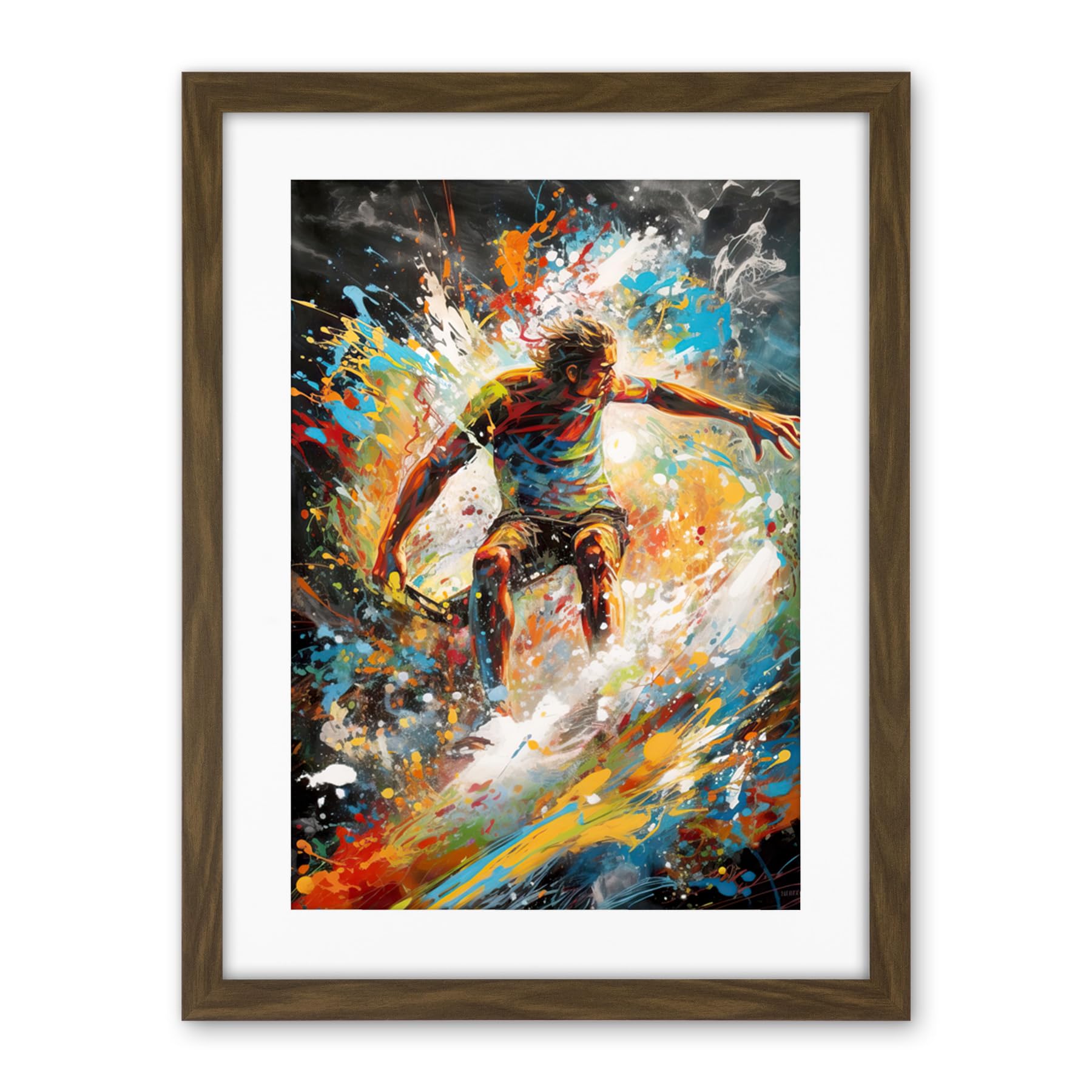 Artery8 Surfer Surfing on Crashing Waves Splatter Paint Artwork Framed Wall Art Print 18X24 Inch