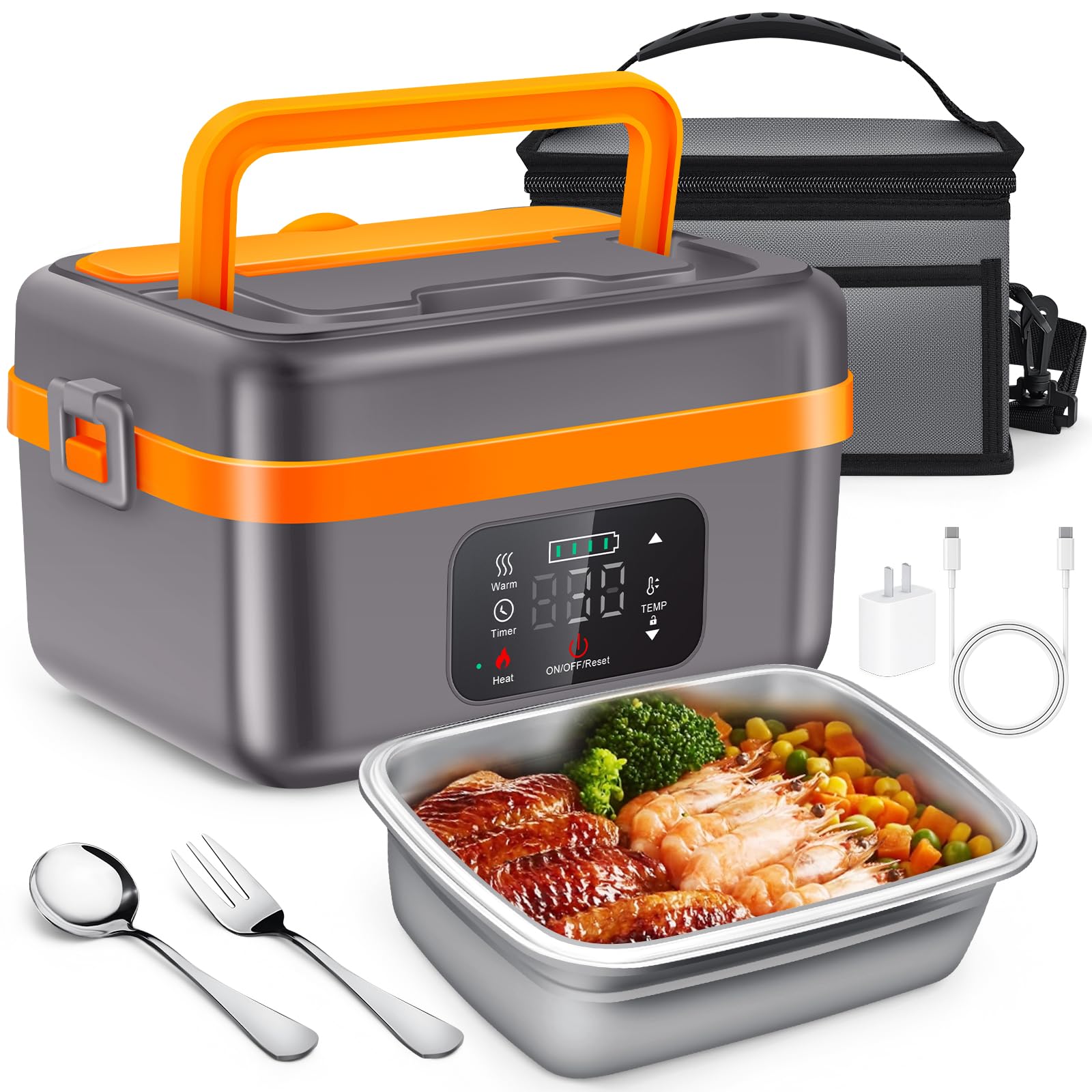 Warmio Cordless Electric Lunch Box, Self-Heating Food Warmer, Battery Powered Lunch Boxes with 1L Container, Rechargeable Heated Lunch Box for Men, Women, Car, Truck, Office, Travel