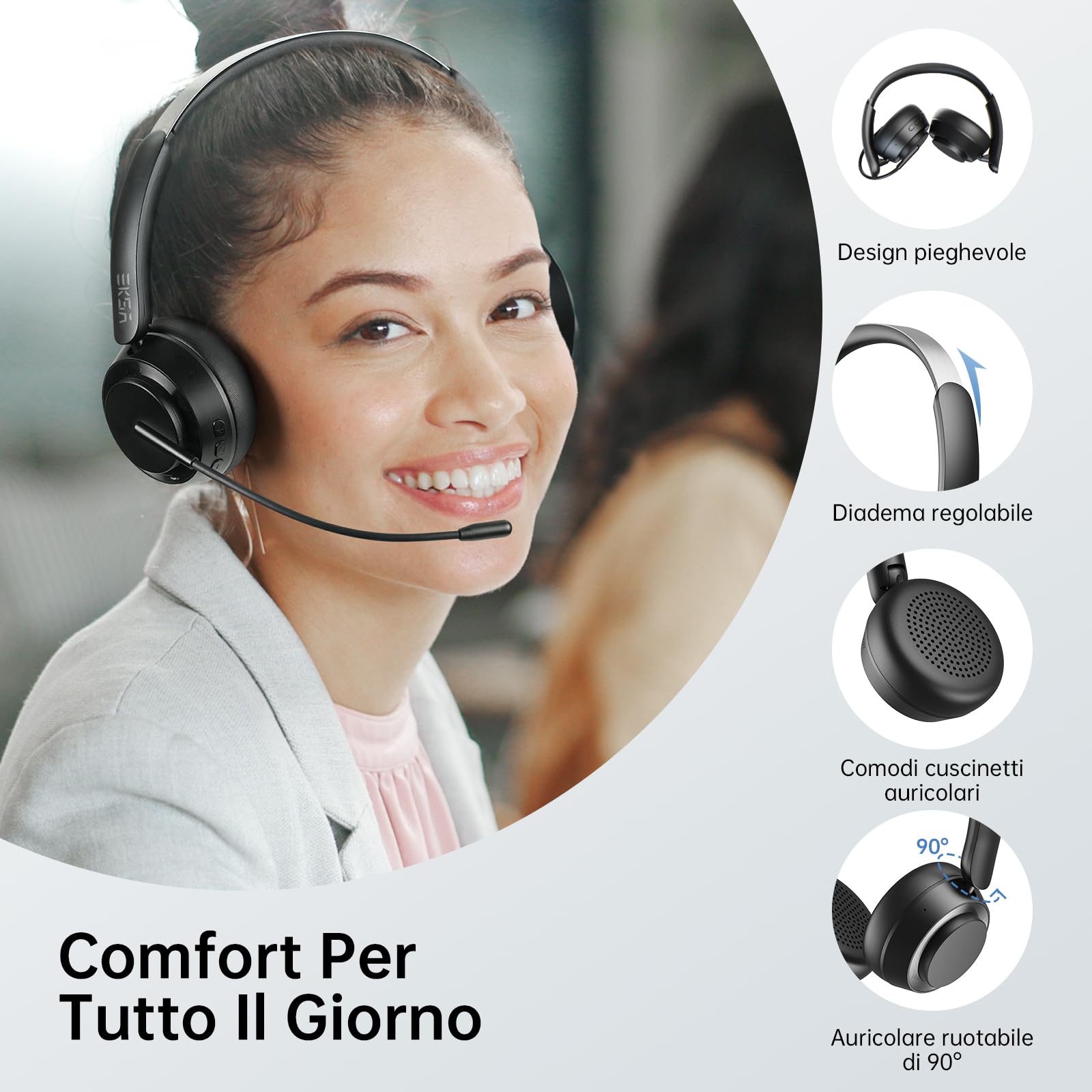 EKSA H35 Cuffie Wireless per PC, Cuffie Bluetooth con Microfono, Cancellazione del Rumore, 25+ Playtime, Connessione multipunto a computer e cellulare, Compatibile con Windows, Mac, Android,iOS