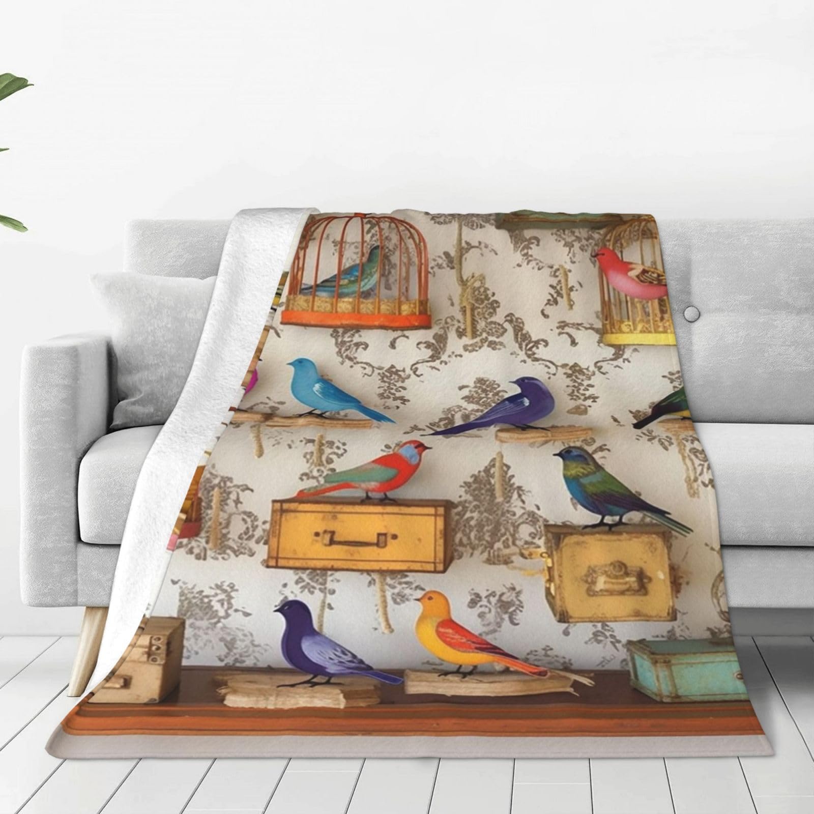 Couverture en micro-polaire anti-froid légère et douce avec motif oiseaux chic