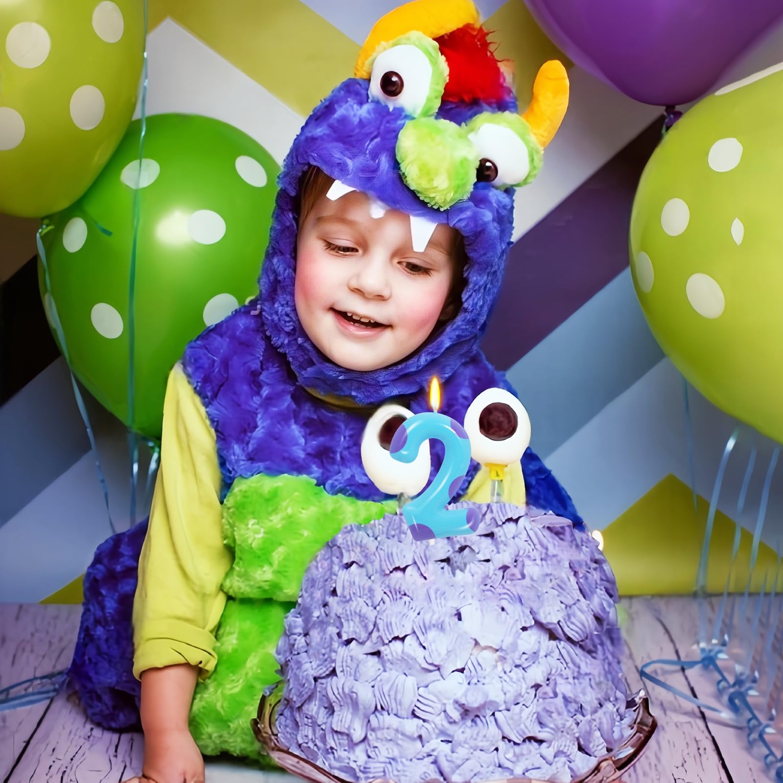 Velas de cumpleaños con temática de monstruo número 2, 2 velas de cumpleaños para niños y niñas, decoración de fiesta temática de dibujos animados