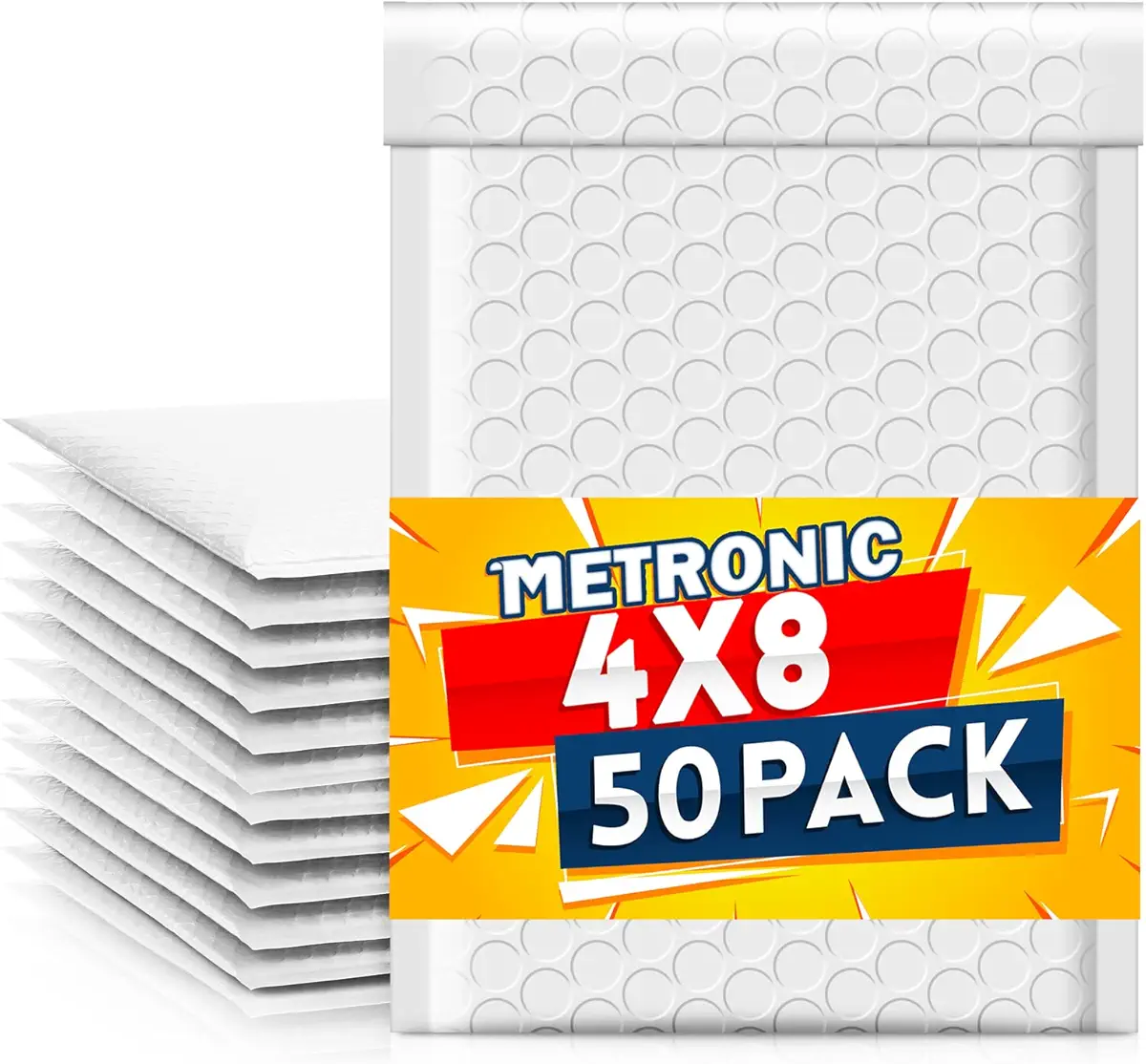 Metronic Bubble Mailers 4x8&#34; 50 Pack, White Bubble Mailers, Self-Seal Shipping Bags, Padded Envelopes, Bubble Polymailers for Shipping, Mailing, Packaging for Business, Bulk #000