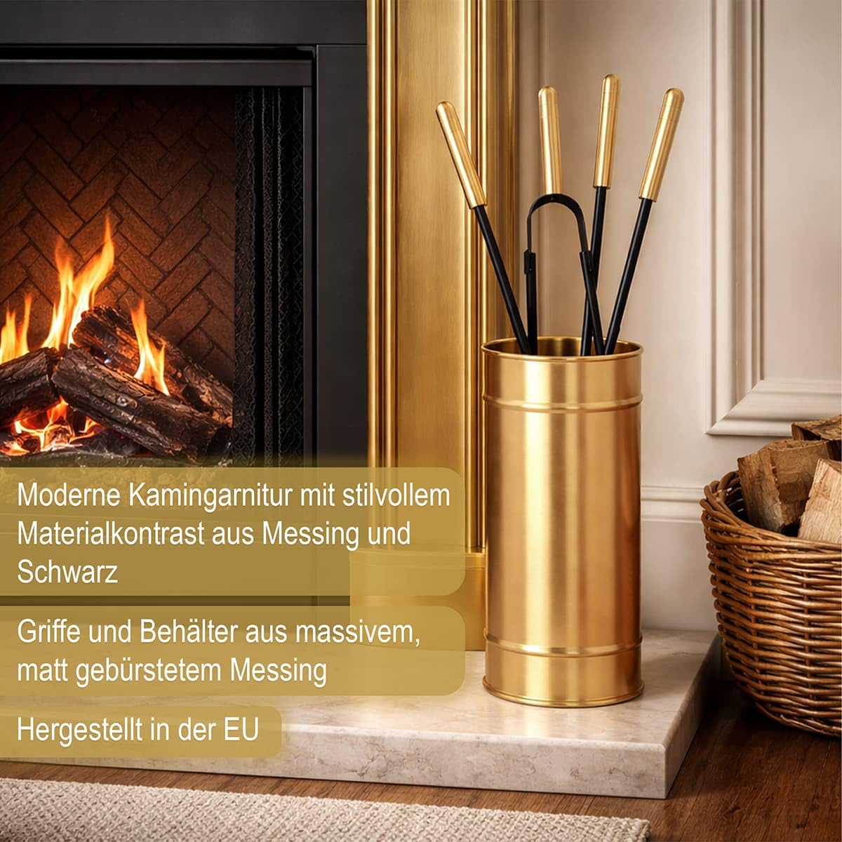 MS Beschläge Kaminbesteck Set 5-teilig Messing – Ofenbesteck modern mit geschlossenem Halter – Kaminzubehör hochwertig Schwarz pulverbeschichtet – Kamingarnitur für Kaminofen und Ofen – Ofenzubehör