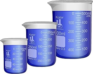 Glass Low Form Beaker Set, 3.3 Boro. Glass, Double Scale, 3 Sizes - 100, 250, and 500ml, Karter Scientific 214T6