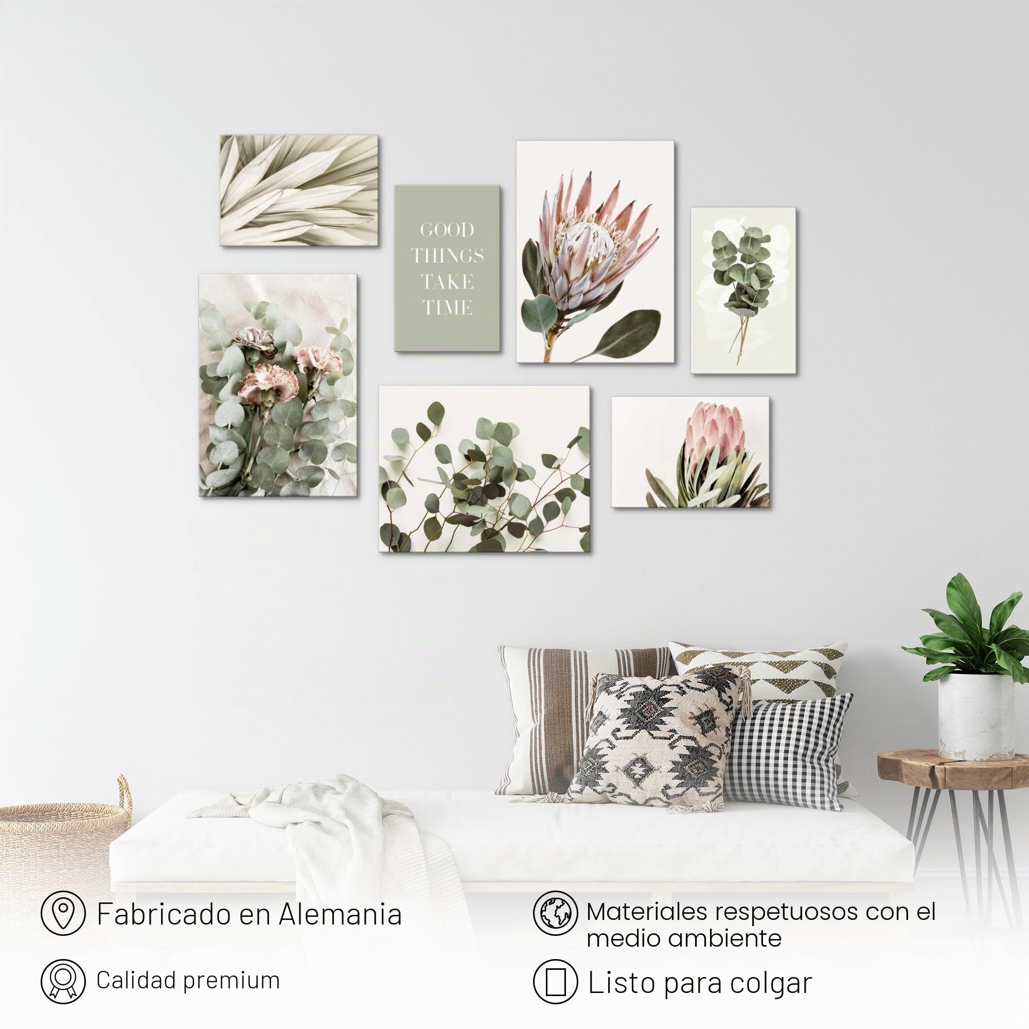 Ilustraciones de pared con hojas verdes, totalmente listas para colgar, bohemias, beis, para salón o dormitorio, 7 ilustraciones ambientales modernas - N023071a