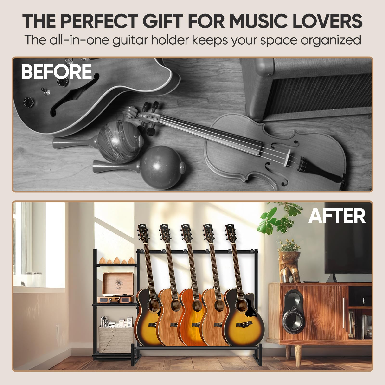 Gitarrenständer, Gitarrenhalter für 5 Saiteninstrumente, geeignet für Akustikgitarre, Bass, Gitarrenständer mit seitlichen Ablagen für Plattenspieler, mit rutschfesten Gummipads, Schwarz