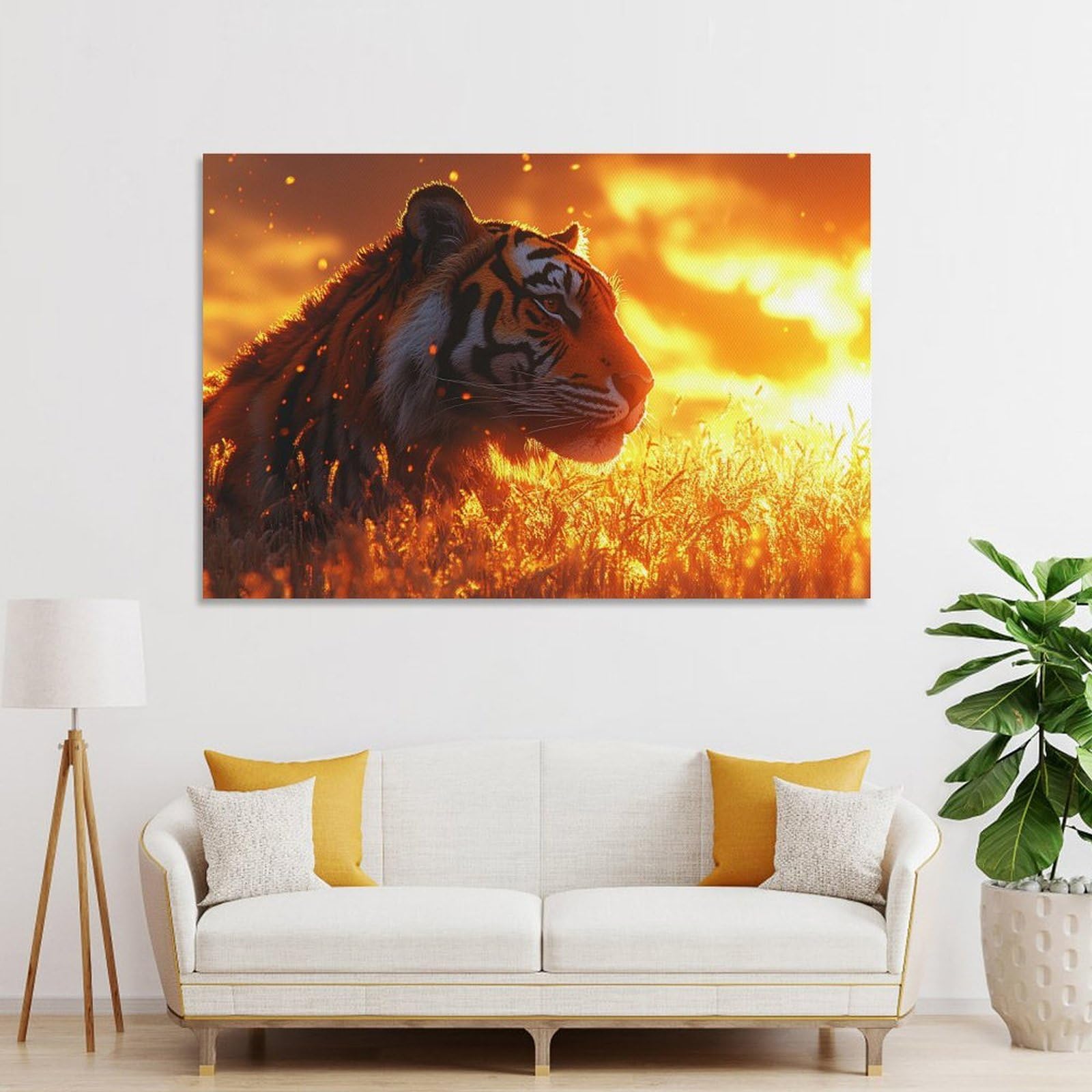 Junmoney Tiger in Golden Light Wall Art Print 20x30inch(50x75cm), for Lounge, Study, Hallway Or Flat Walls, Decorative Artwork with Broad Appeal