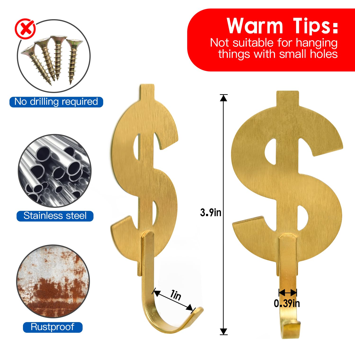 4 Pack Brushed Golden Dollar Sign Adhesive Towel Hooks Hold 6lbs Stainless Steel Self Adhesive Hooks — view 4