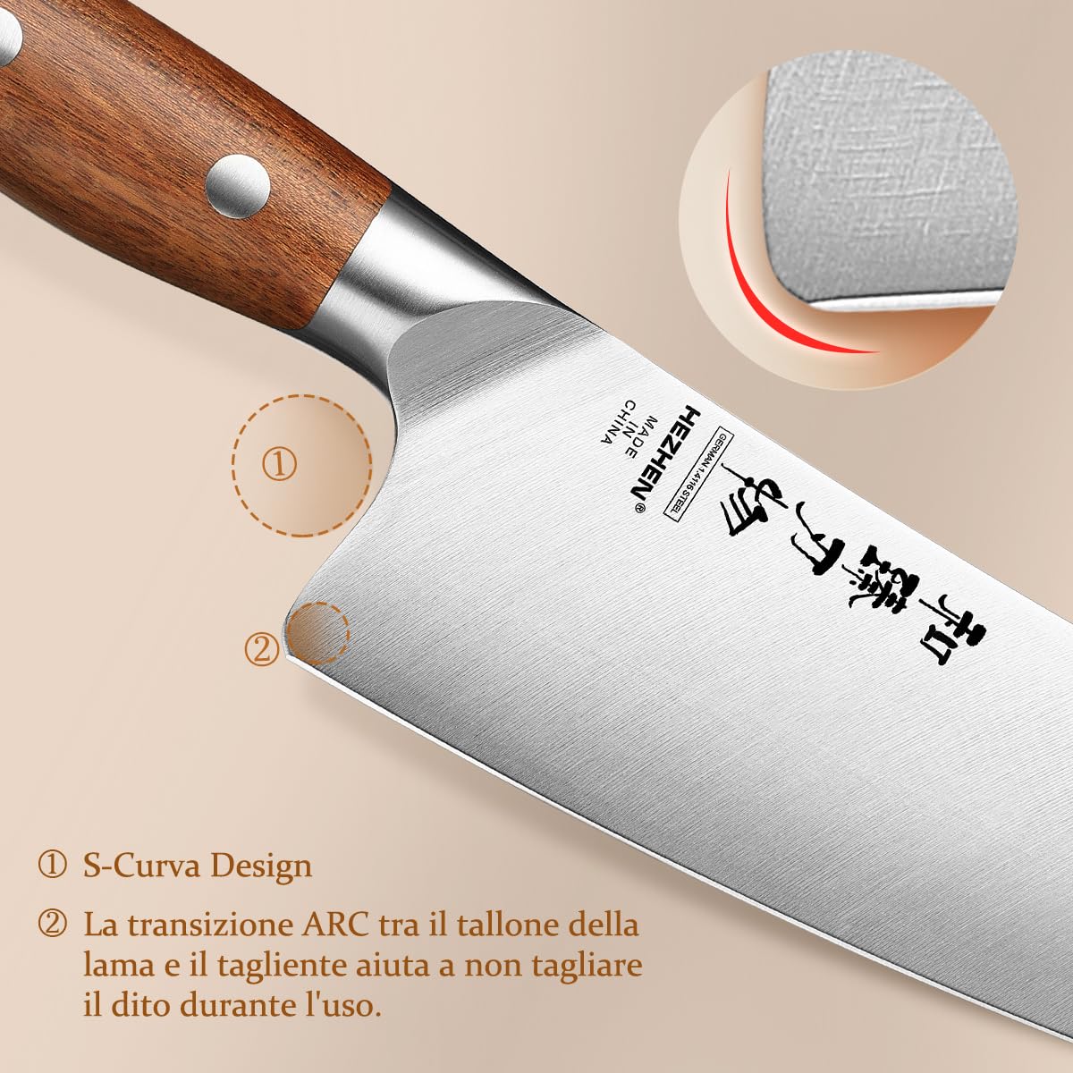 Coltelli da Chef HEZHEN 21cm Acciaio German DIN1.4116 Full Tang Manico Redwood
