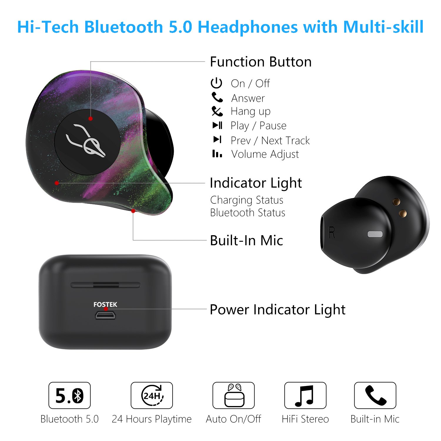 True Bluetooth Wireless Earbuds, TWS 