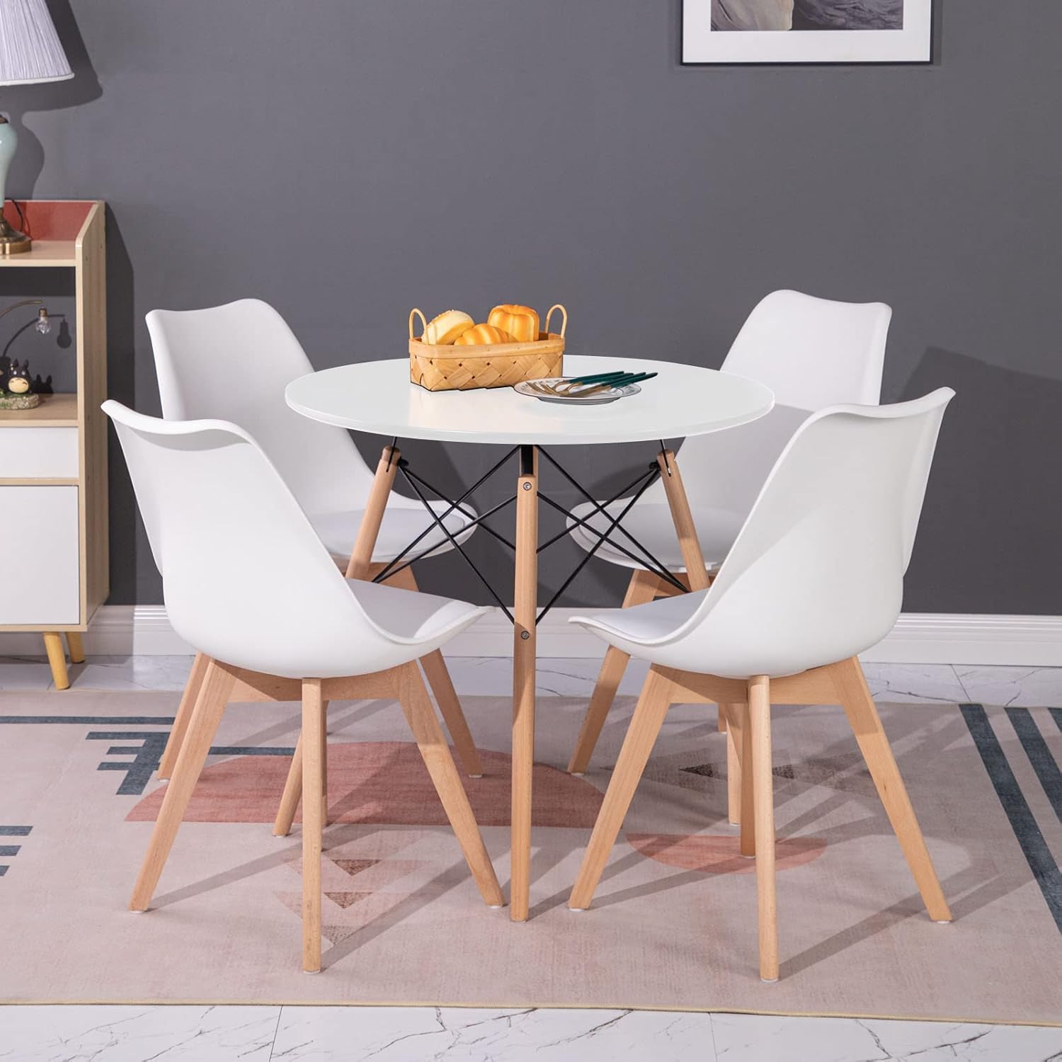 H.J WeDoo Set aus Runder Esszimmertisch mit 4 Weißer Stühlen, Esszimmergruppe für Küche Esszimmer Büro