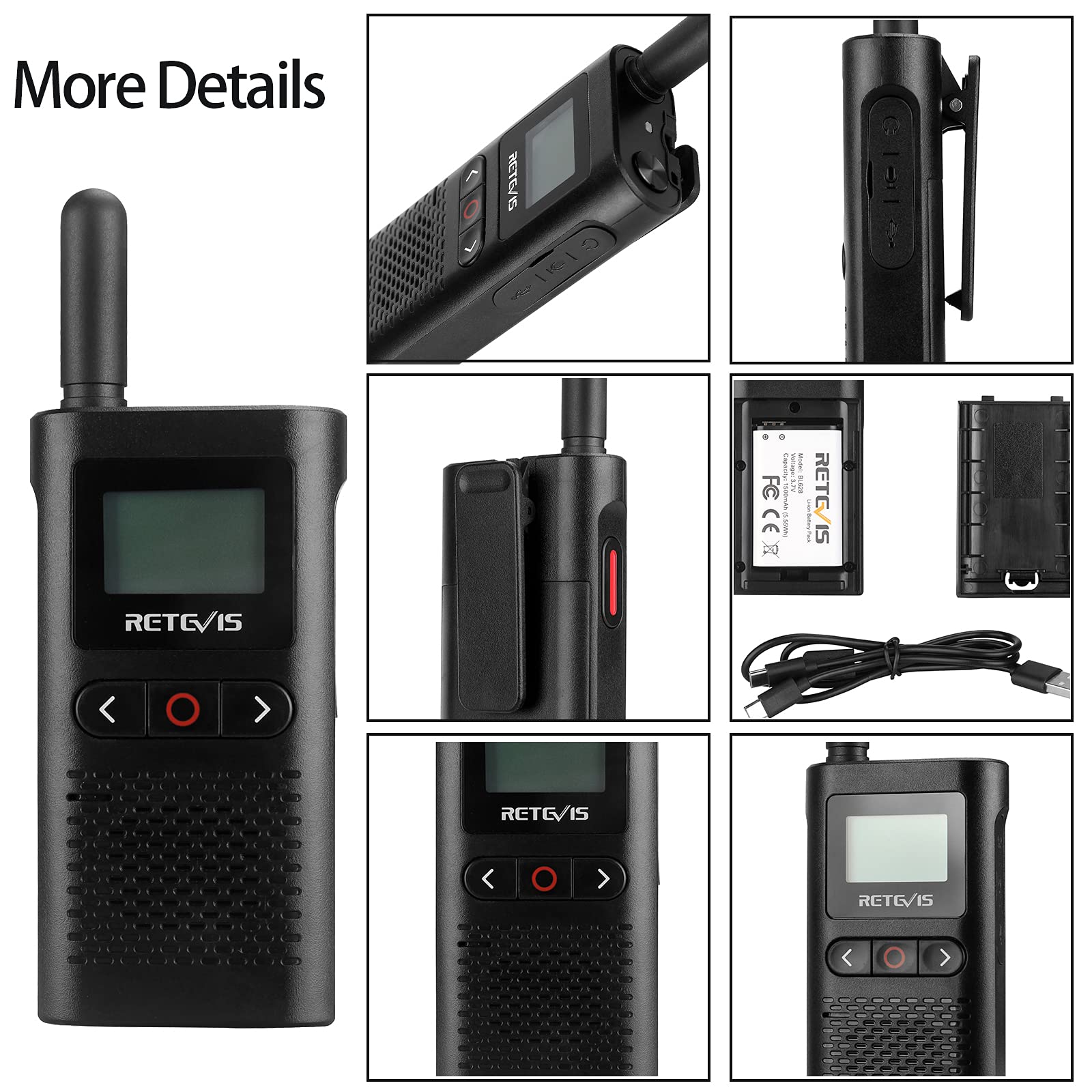 Retevis RB628 Walkie Talkie con Auricolare, Radio Ricetrasmittenti Ricaricabile, 16 Canali Licenza-libera PMR446, 1500 mAh, Schermo LCD VOX, Walkie Talkie a Lungo Raggio per Scuola (6 Pezzi, Nero)