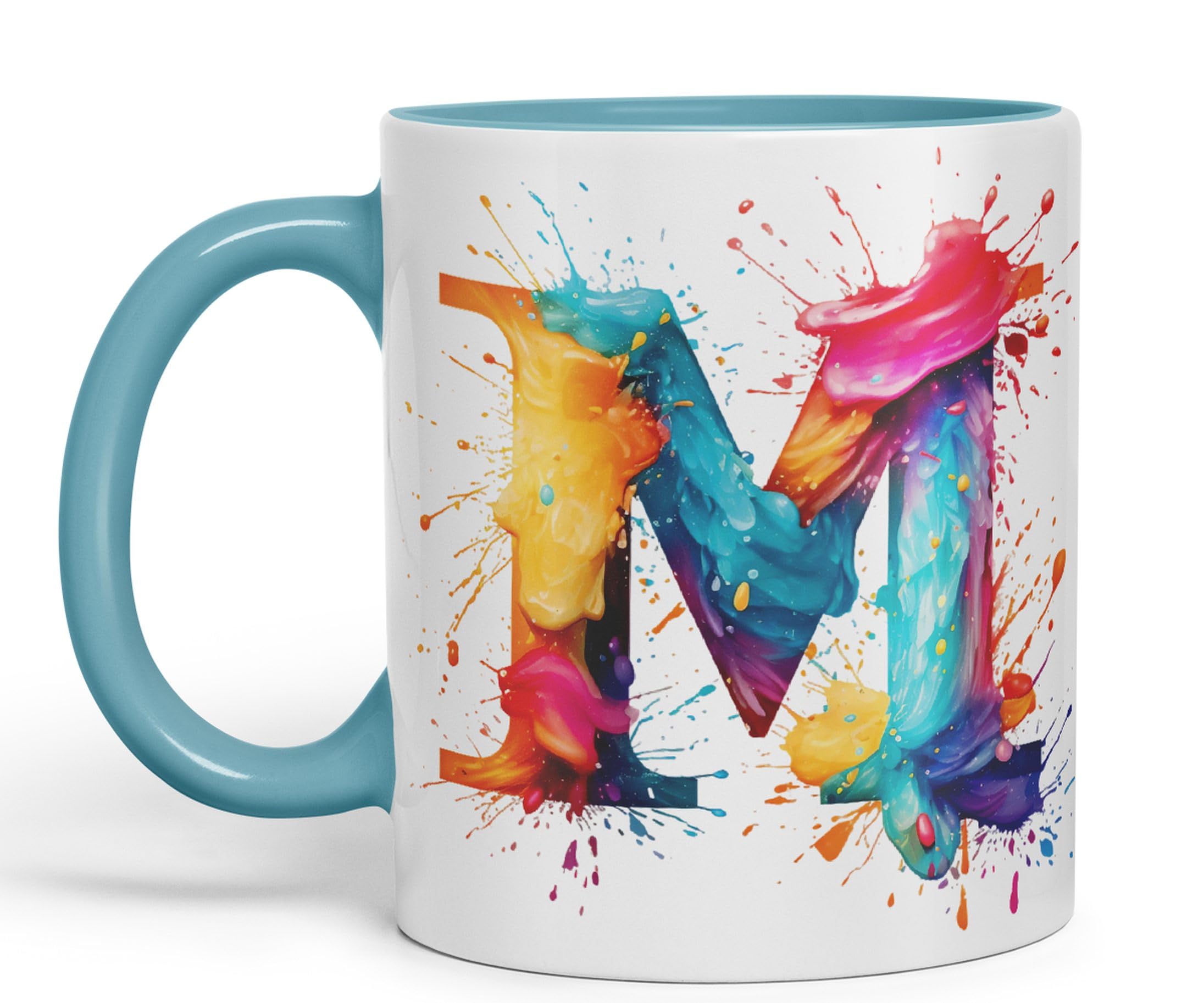 Vixar Letter M Mug, Alphabet Letter M Monogram Watercolour Ceramic Coloured Mug Cup for Tea Coffee Hot Brew 330ml 11Oz Gift (Turquoise)