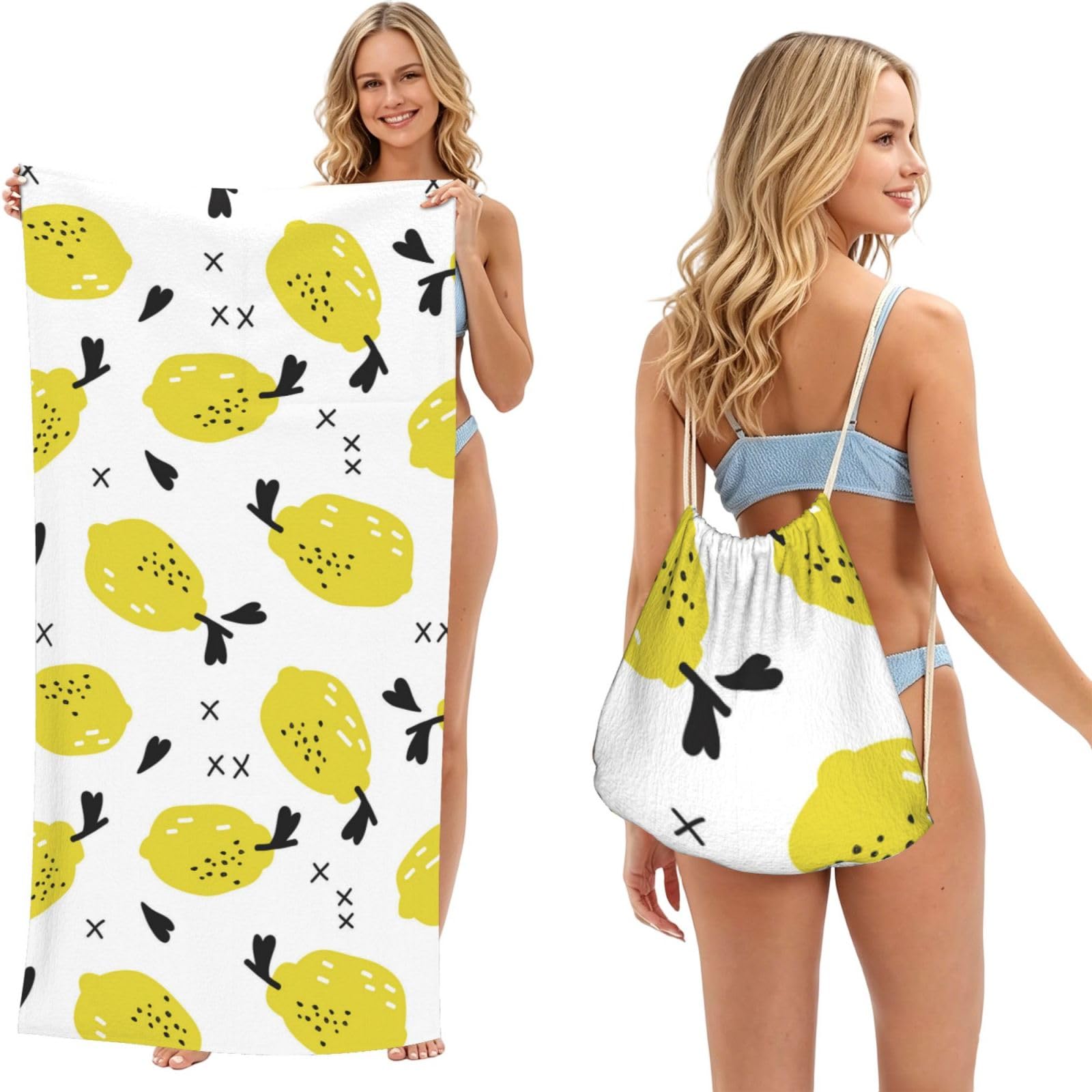 Poadnly As Picture Lemon, 2 In 1 Packable Towel Bag, Beach Towels With Drawstring Backpack For Travel Holiday Camping