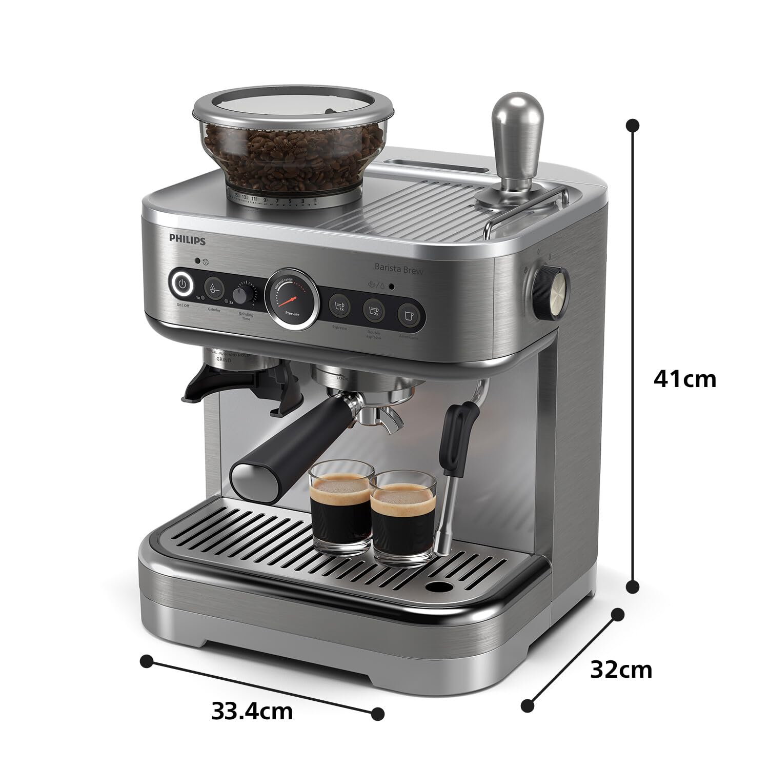 PHILIPS Cafetera espresso semiautomática Barista Brew - Espresso simple y doble + Botón Americano, recipiente de 250 g de café en grano, guía intuitiva, prensado calibrado, acero Inox (PSA3218/01)