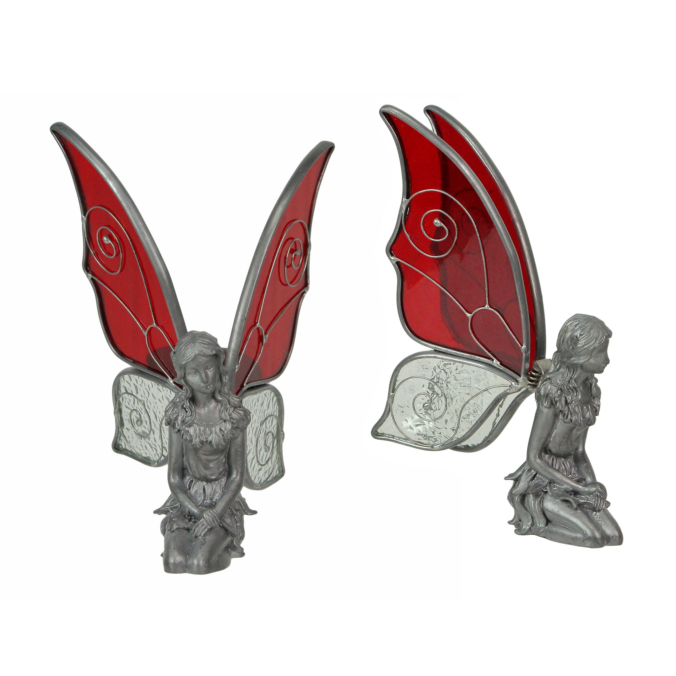 Things2Die4Kneeling Fairy Pewter Figurine Home Decor Mythical Desk Accessories Red and White Glass Wings 5.75 Inches High