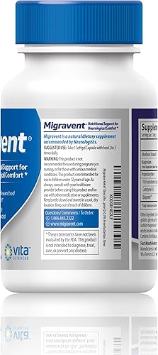 Miniatura 4 de Vita Sciences, Suplemento natural para migrañas Migravent, fórmula avanzada potente para aliviar migrañas, recomendada por neurólogos y doctores,