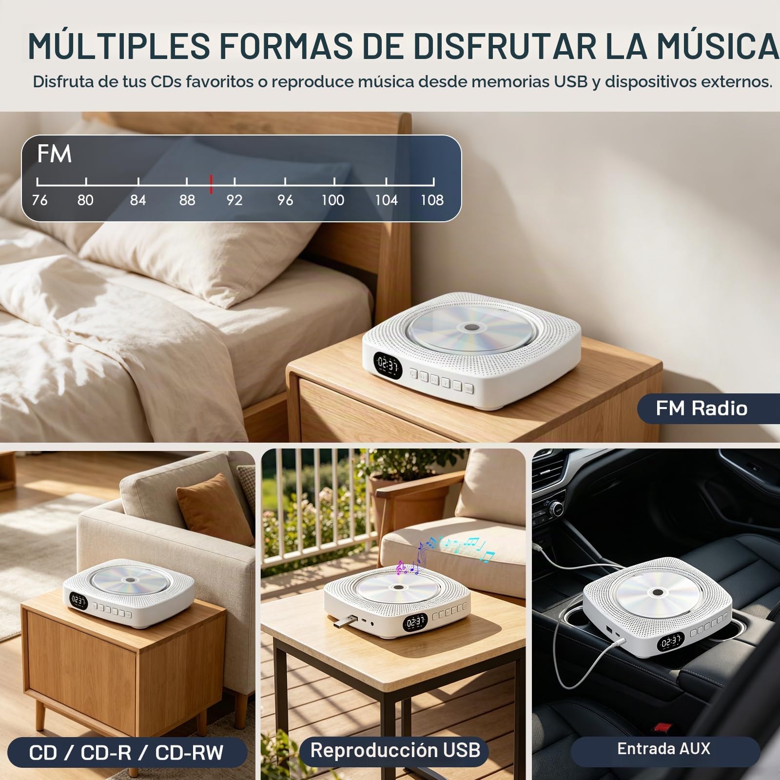 WOLFANG Reproductor de CD portátil Bluetooth para casa y Exterior, con Altavoces, batería Recargable 4000 mAh, Radio FM, USB, Mando a Distancia, Montaje en Pared y Soporte de Mesa