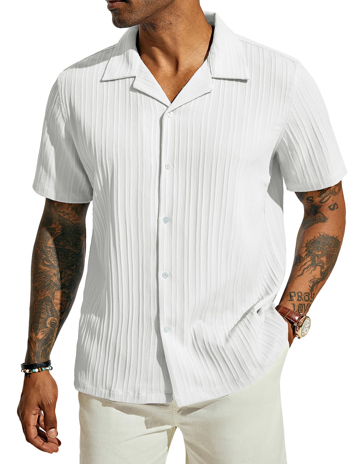 PJ PAUL JONES Men's Casual Button Down Shirts - Short Sleeve Summer Textured Beach Wrinkle-Free Shirts