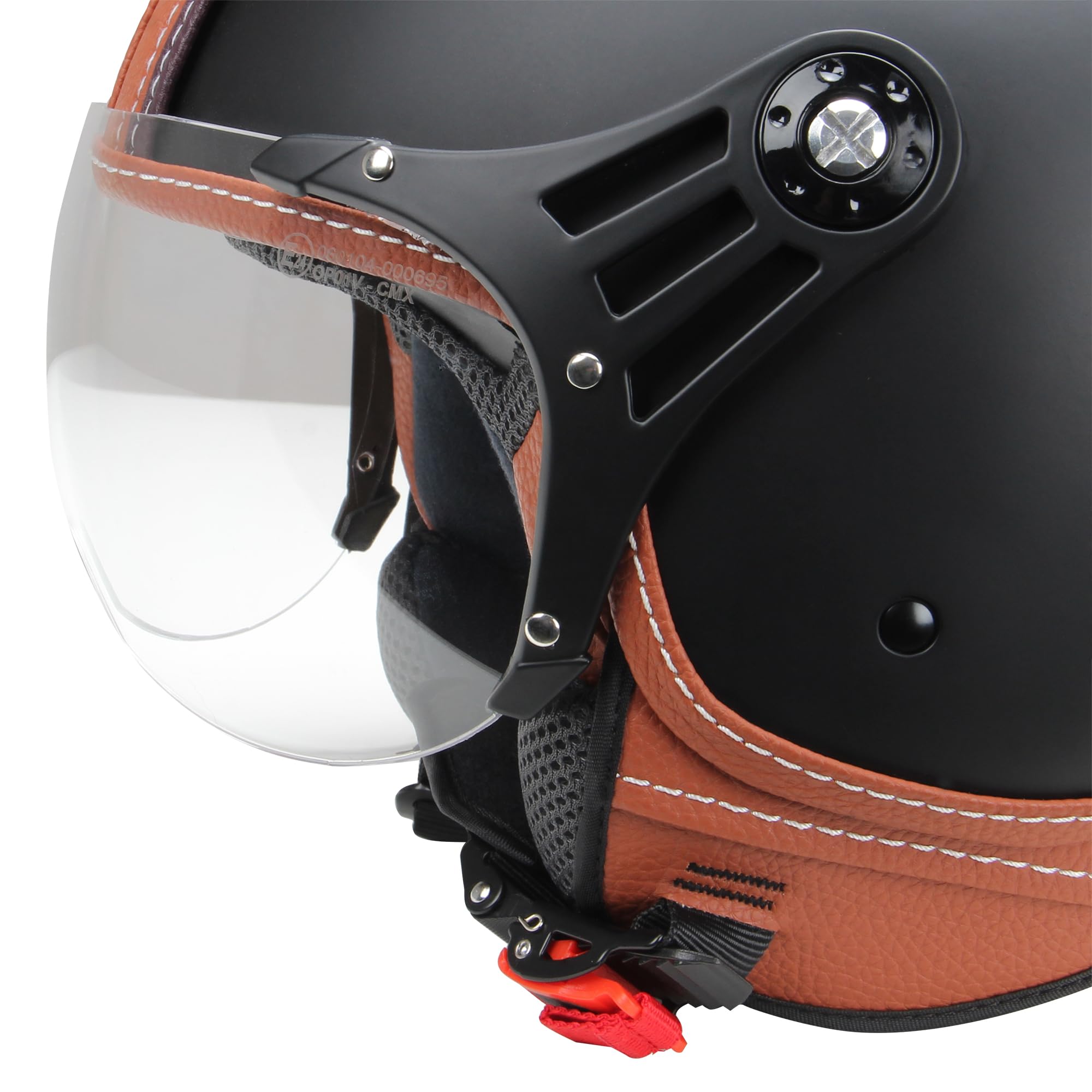 Citromex Casque Moto Casque Jet Roller Casque Hazel, Noir Mat/Cuir Marron, M