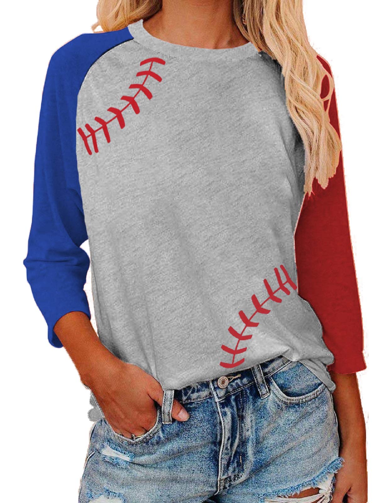 ETATNG Womens Raglan Shirts 3/4 Sleeve Baseball Tee Round Neck Patchwork Casual Blouse Tops
