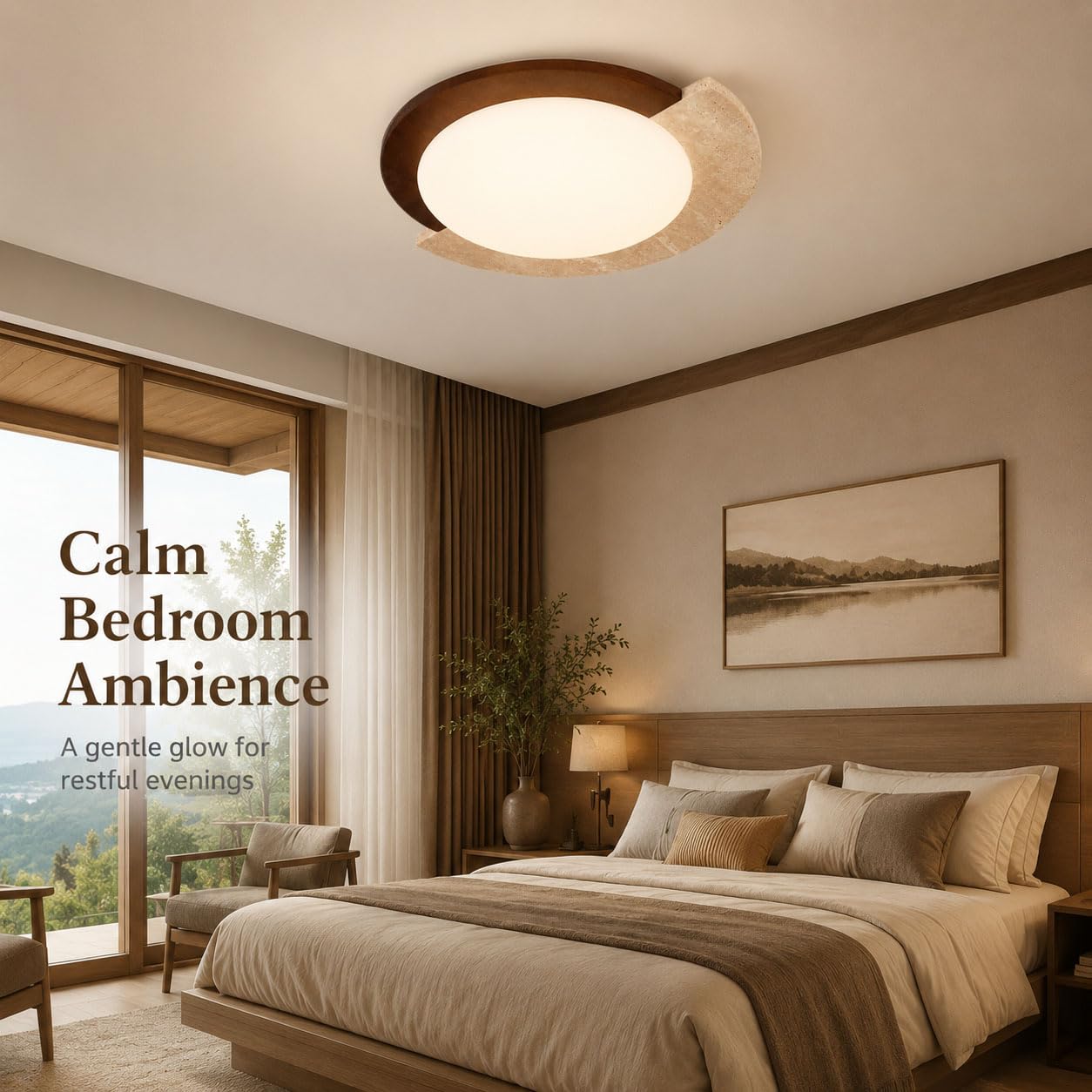 Plafoniera LED Soffitto Dimmerabile con Telecomando, Stile Wabi-Sabi in Travertino Naturale e Legno Massello, Spettro Completo, 2700–6000 K, Soggiorno e Camera da Letto,Ø45×H10cm