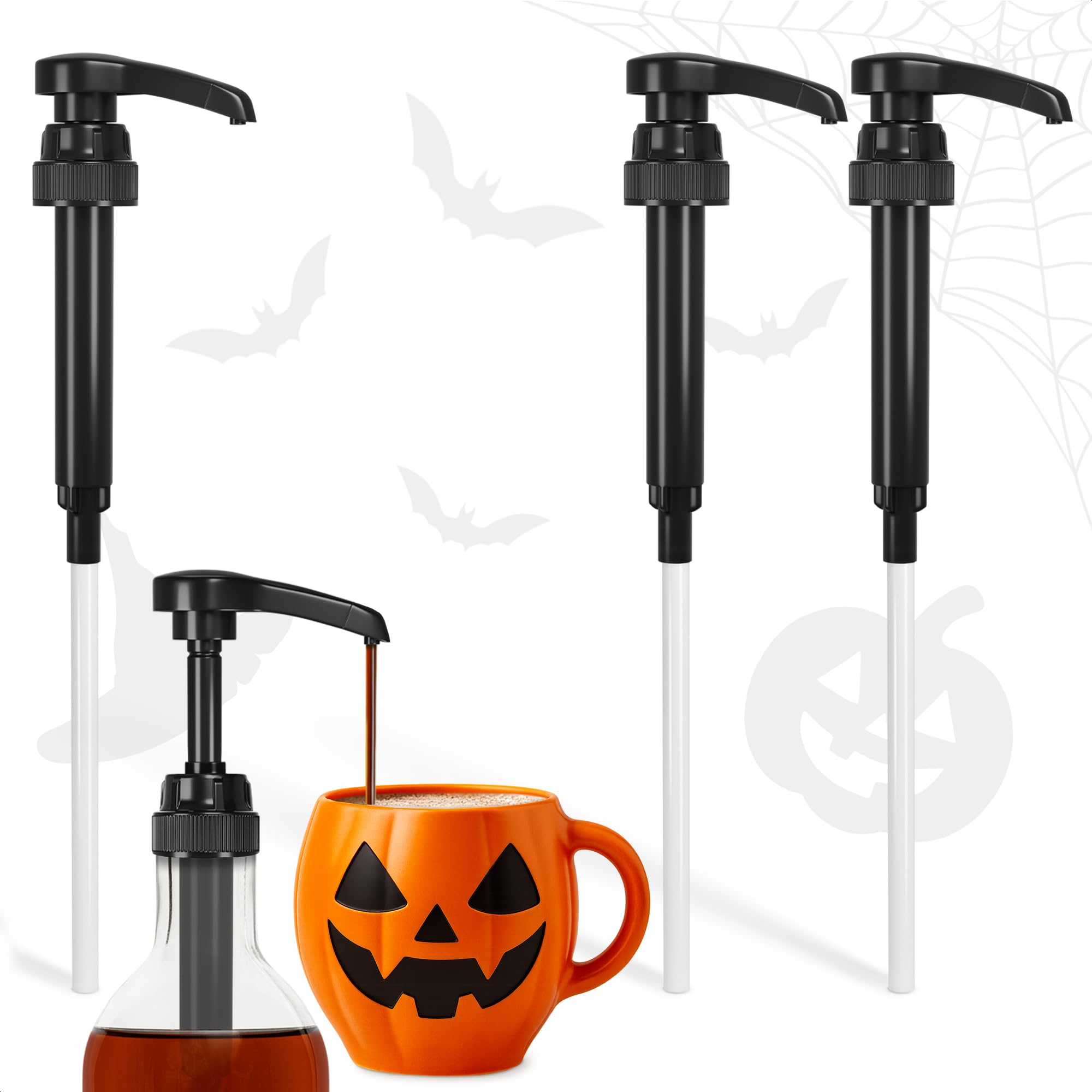 Set of 4 Syrup Pumps for Coffee Bar - Spooky Coffee Syrup Pump Dispenser for Haunted Drink Creations, 12.4" - Fits Most Skinny Bottles, Adjustable Length & Lockable Design, for Home & Commercial Use