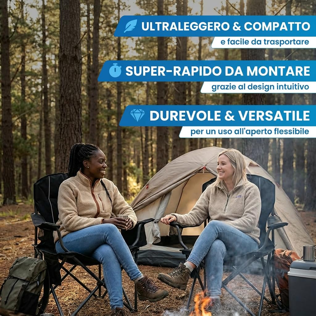 NORDMUT® Sedia da campeggio pieghevole leggera – stabile con portata 200 kg – Comoda sedia da pesca con pratica borsa frigo e portabicchieri (Verde 1x)