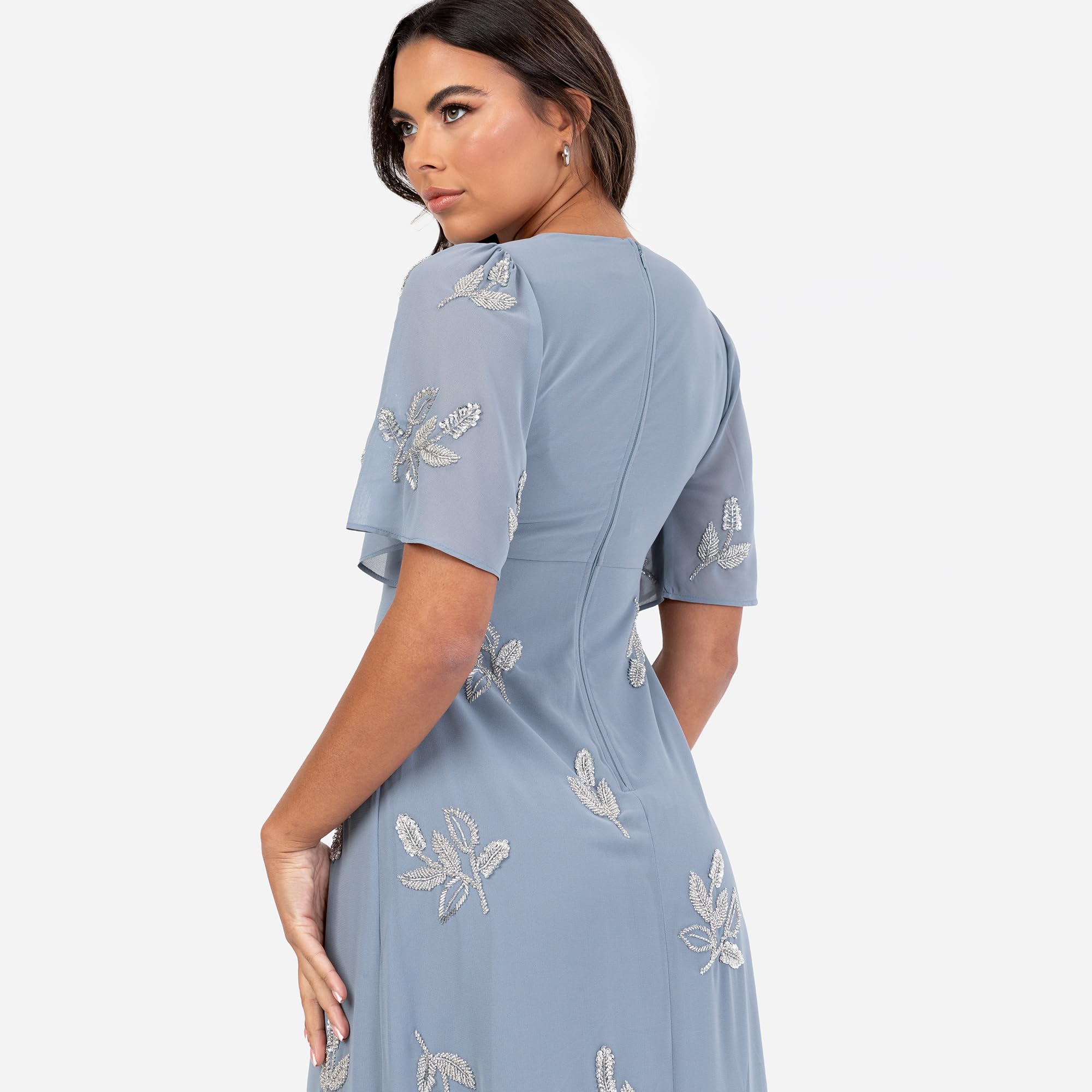 Women's Maxi Dress Ladies V-Neck Angel Sleeve Floral Bead Embellished Knot Front A-Line Bridesmaid Wedding Guest Prom