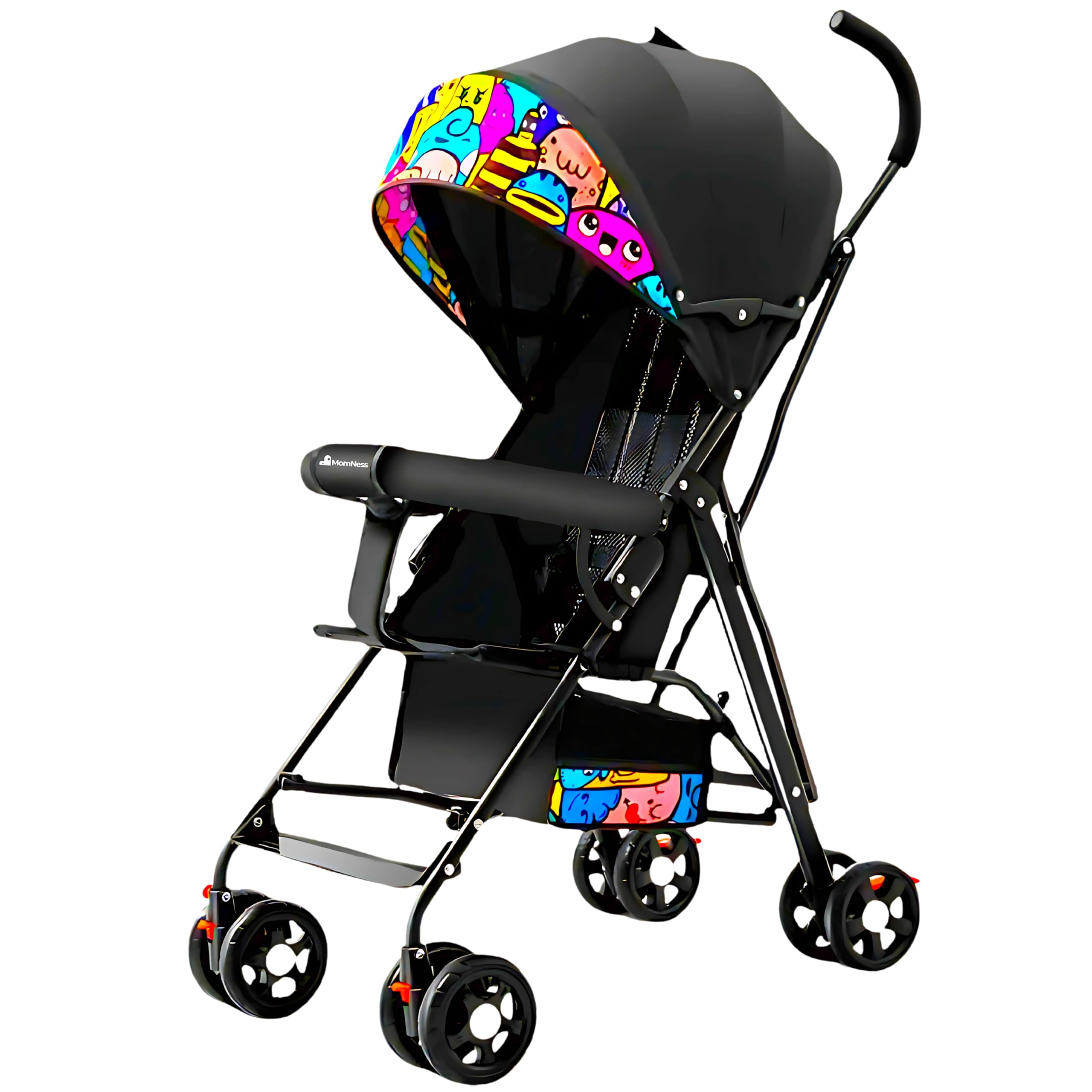 MomNess Lightweight Foldable Baby Stroller/Pram – 360° Shock‑Absorbing Wheels, Storage Basket & Cup Holder, Portable Travel Buggy for 0‑4 Years (Black Cartoon)