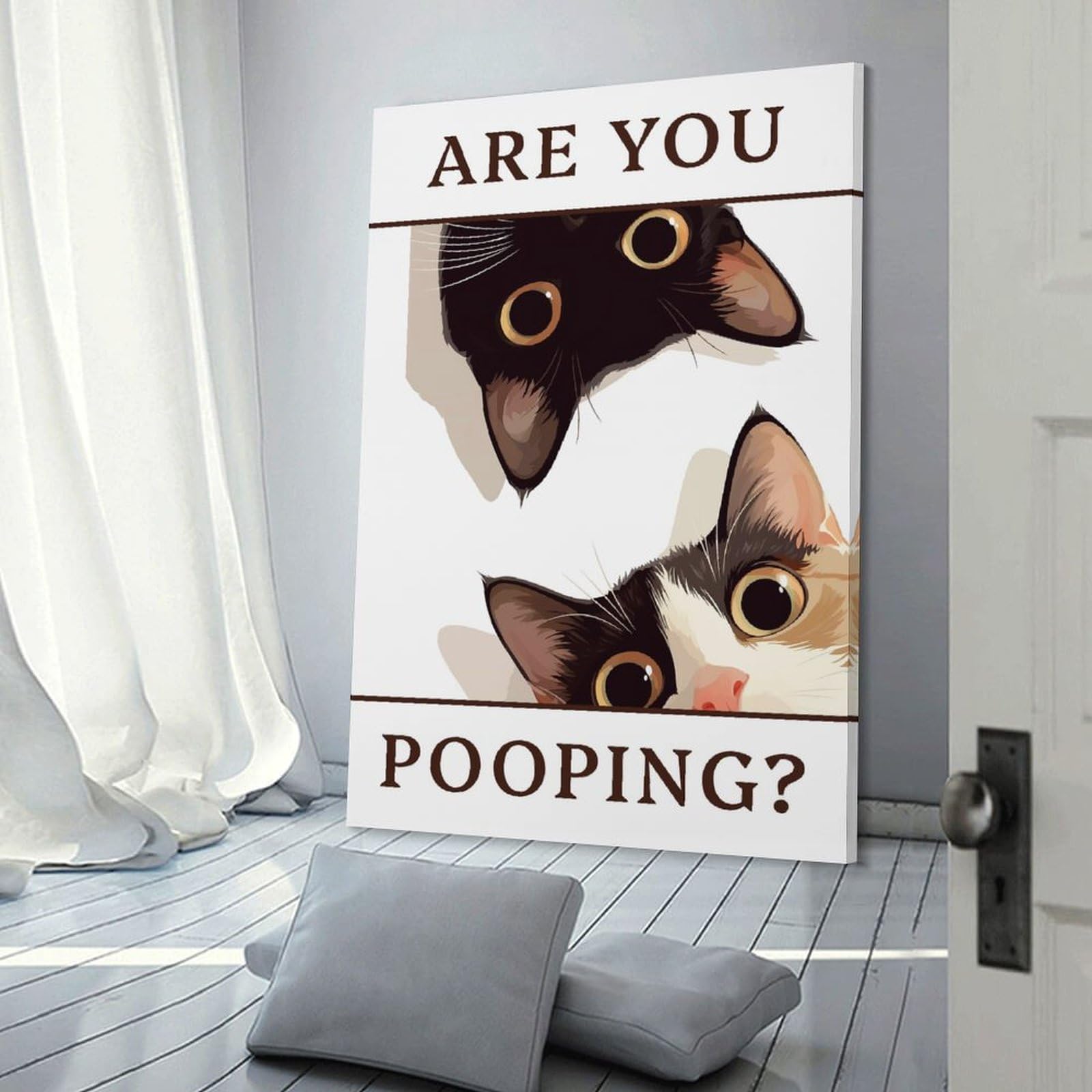 Junmoney Frame-Style-8 Funny Bathroom Cat Meme Canvas Art Print 24X36inch(60X90cm), For New Homes, Bedrooms Or Workspaces, Gift Idea For Housewarming And Birthdays