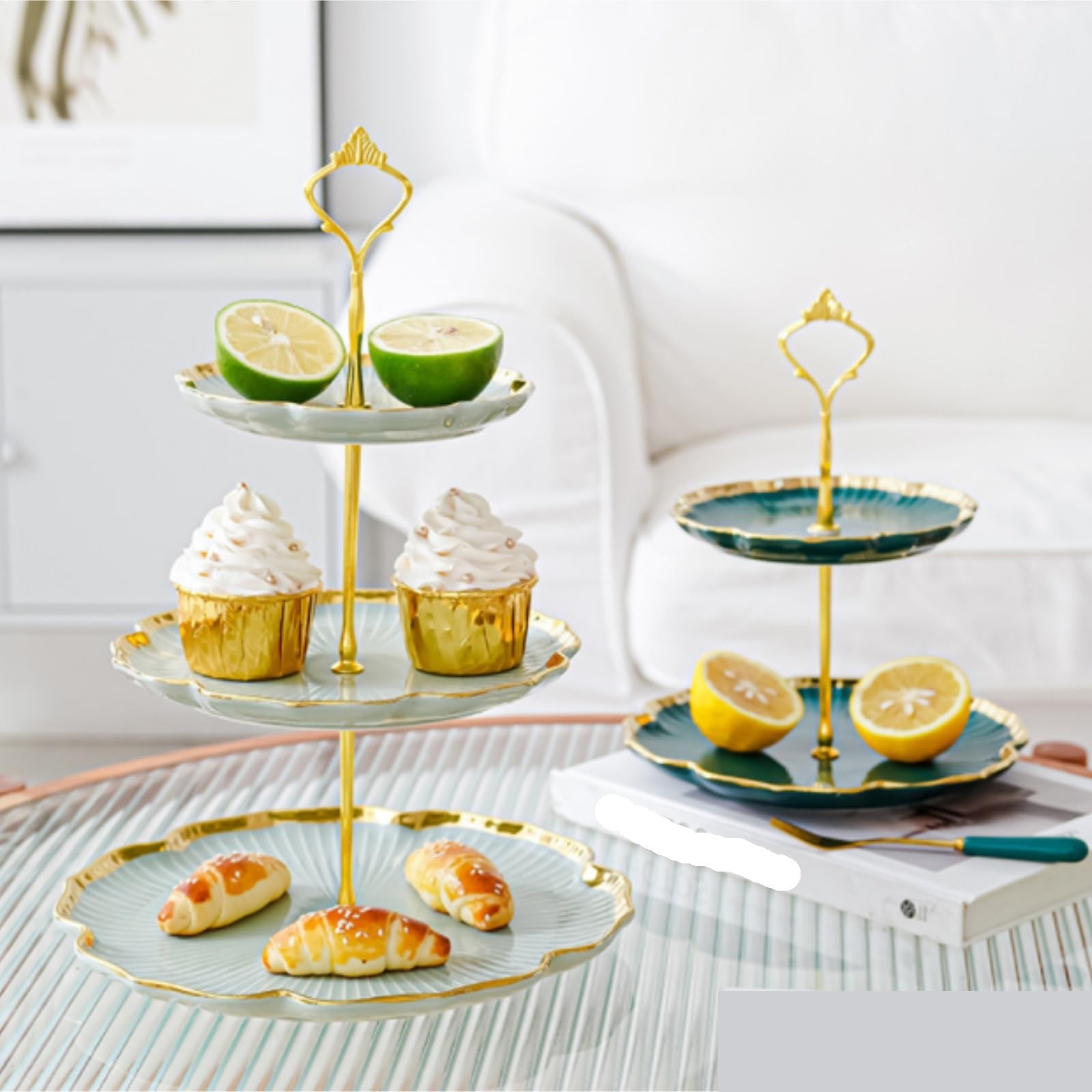 Soporte Tartas Soporte De Cerámica For Tartas 3 Niveles con Forma Flor Y Bandeja Escalonada For Cupcakes Presentador Postre(Blue)