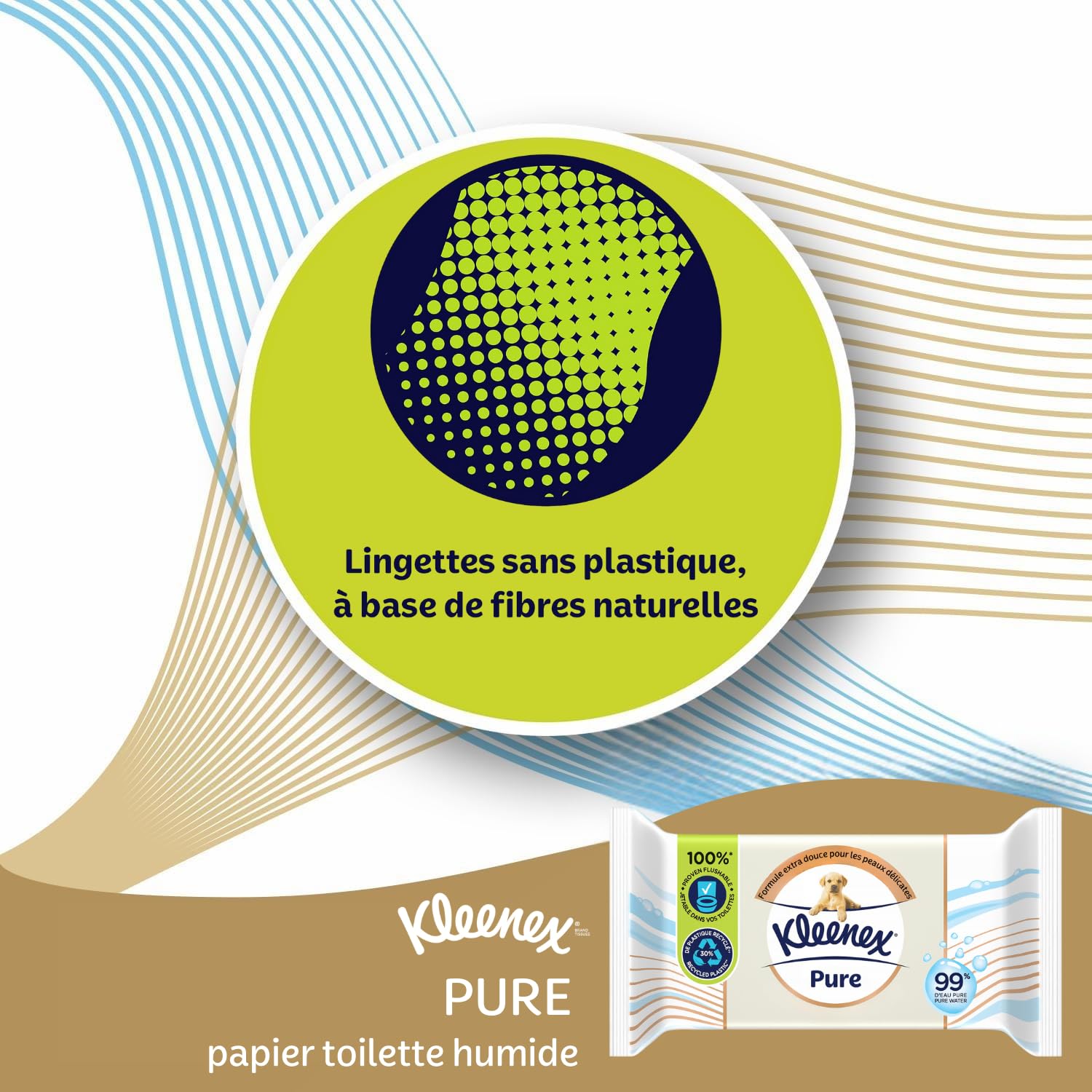 KLEENEX Pure - Papier Toilette Humide (12 paquets de 38 feuilles) - double épaisseur - jetable dans les toilettes - sans plastique - sans parfum - sans alcool - emballage recyclable