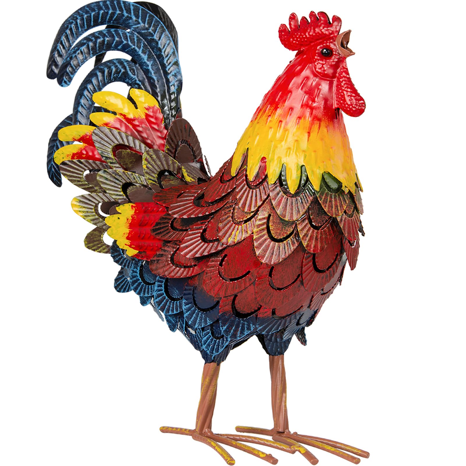 Metal Rooster Statues, Garden Chicken Decorations, Outdoor Chicken Sculptures, Metal Yard Rooster Artwork for Yard Farm Patio Lawn Porch Kitchen Decoration (Red)