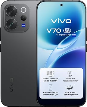 vivo V70 5G Smartphone, 12G + 512G, 50 MP ZEISS super telephoto camera, 4K video, 6.59" and 1.5K Ultra Clear OLED Screen, 6500 mAh, 3D Fingerprint Reader, Android 16 mobile [Energy Class A]
