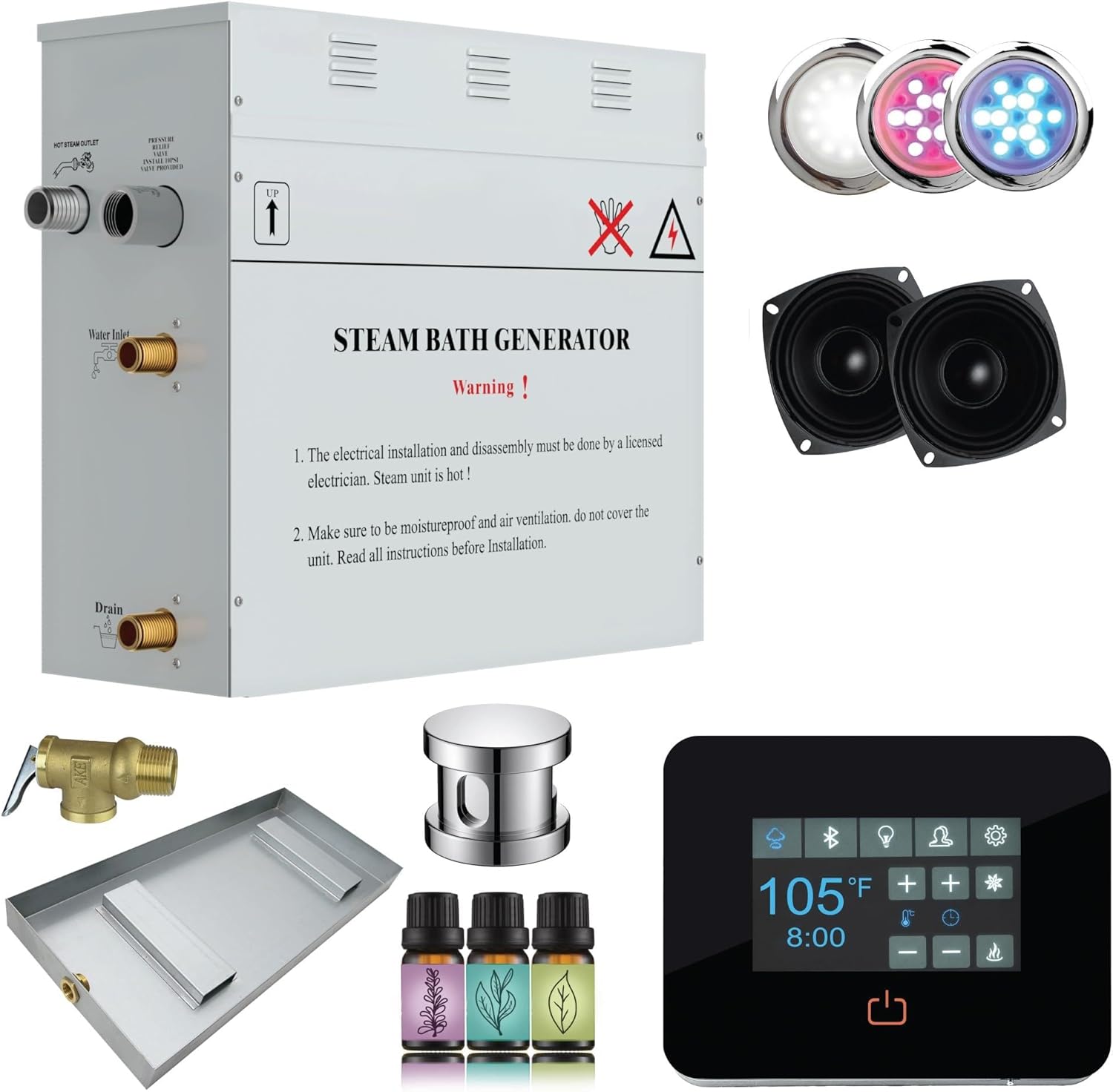 PRO Series 12kW Bluetooth & WiFi Steam Generator with Quickstart Continuous Steam, Digital Touch Pad, Built-in Auto-Drain, Drain Pan, Chroma & White Lights, Steamhead in Gold Finish