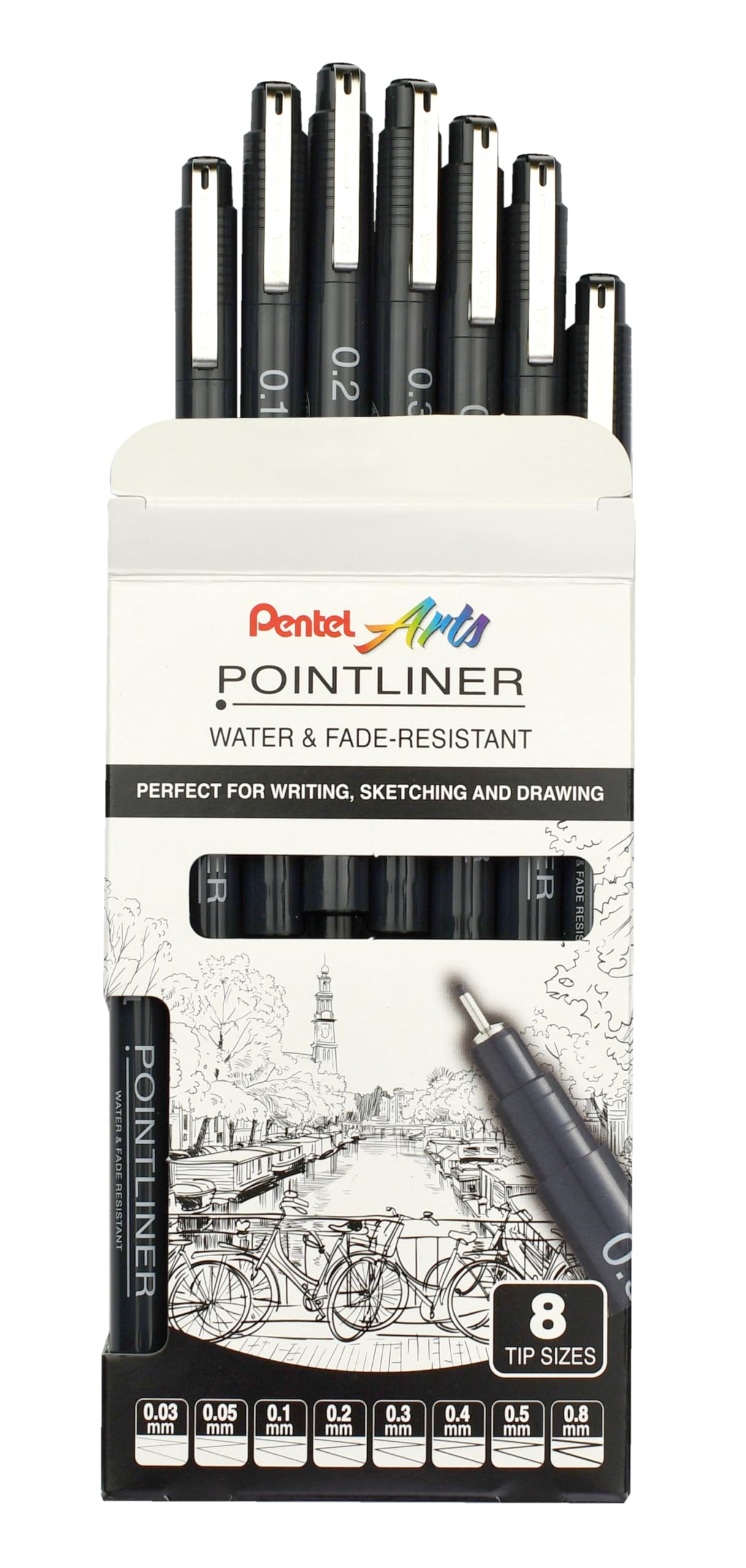 Pentel Pointliner YS20P-8, 8er Set Fineliner, schwarz, wasserfest und lichtecht, 0,03-0,8 mm, VE=12 Sets