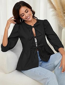 Rapbin Tie Front Tops 3/4 Puff Sleeve Peplum Blouse Cute Ruffle